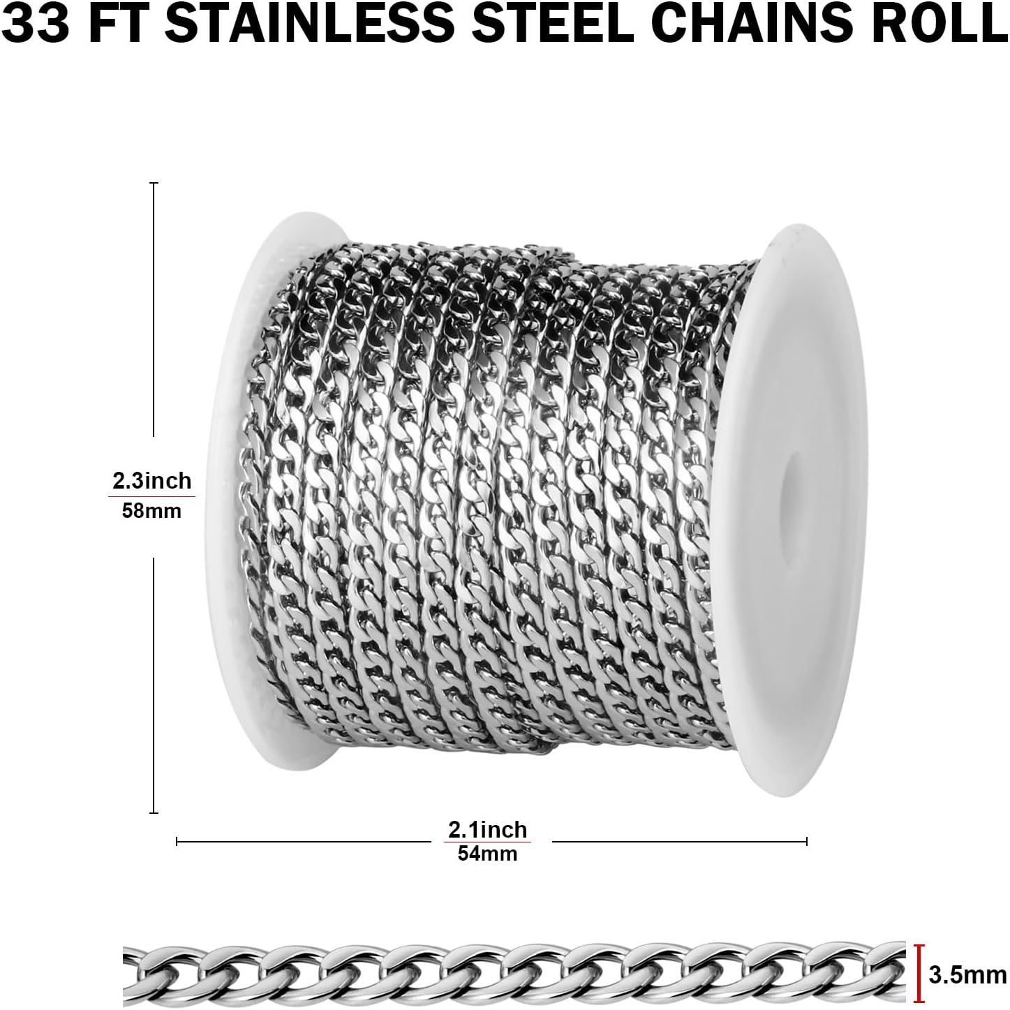 [33FT] Stainless Steel Curb Chains for Jewelry Making, 3.5mm Wide 304 Stainless Steel Cuban Link Chain Roll Bulk for DIY Jewelry Making Craft - Image 3