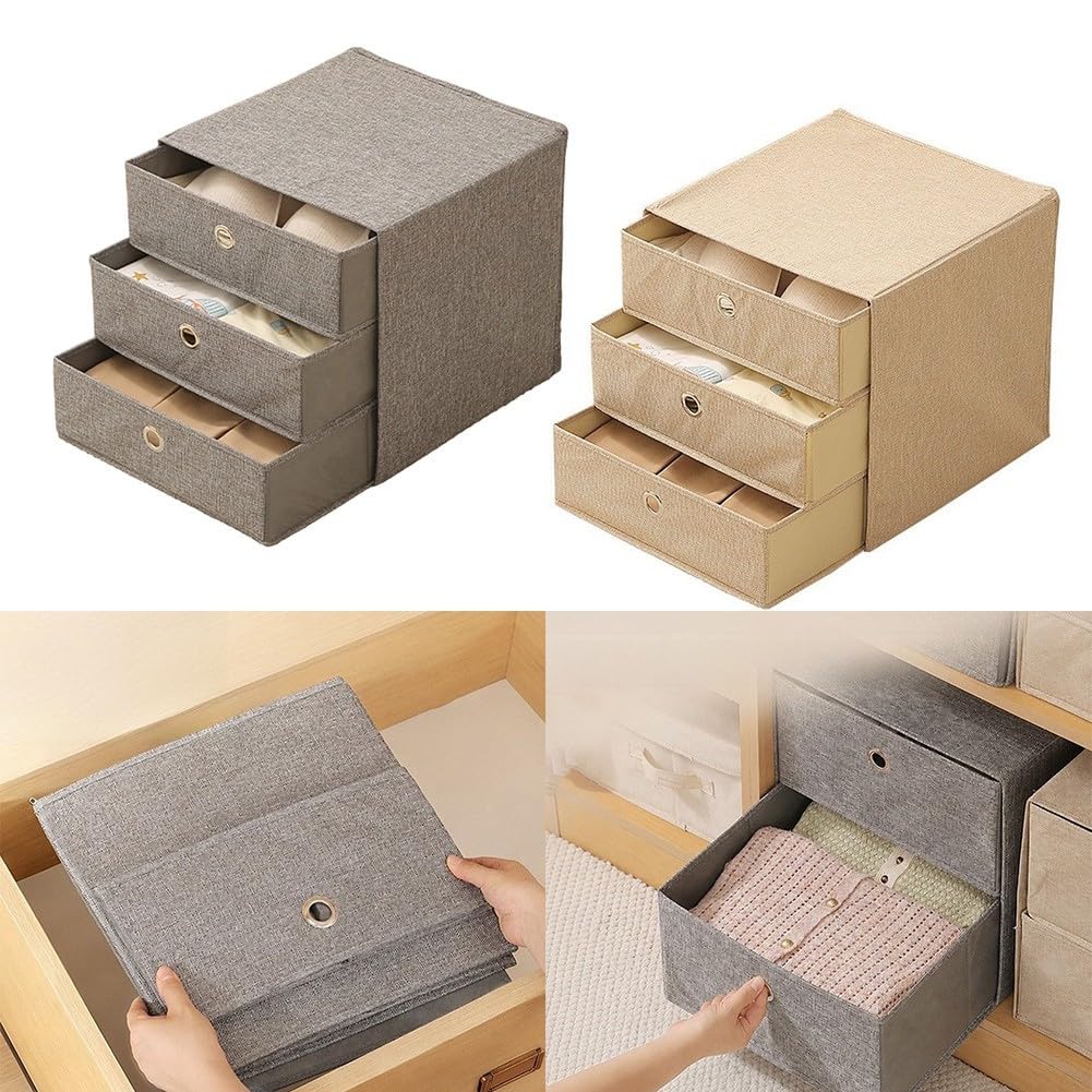 Faltbarer Aufbewahrungswürfel, 3-stöckig, Stoff-Organizer mit Schubladen für Schrank, Kleidung, Spielzeug, Grau / Beige, 36 cm (Schubladenbox, Beige)