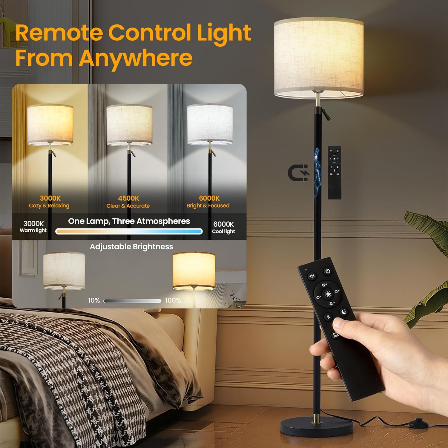 Modern Floor Lamp Tall for Living Room and Bedroom Decor, Gold Black Bright Standing Lamps with Dimmable LED Bulb and Remote, Height Adjustable Stand Light for Corner and Office Lighting