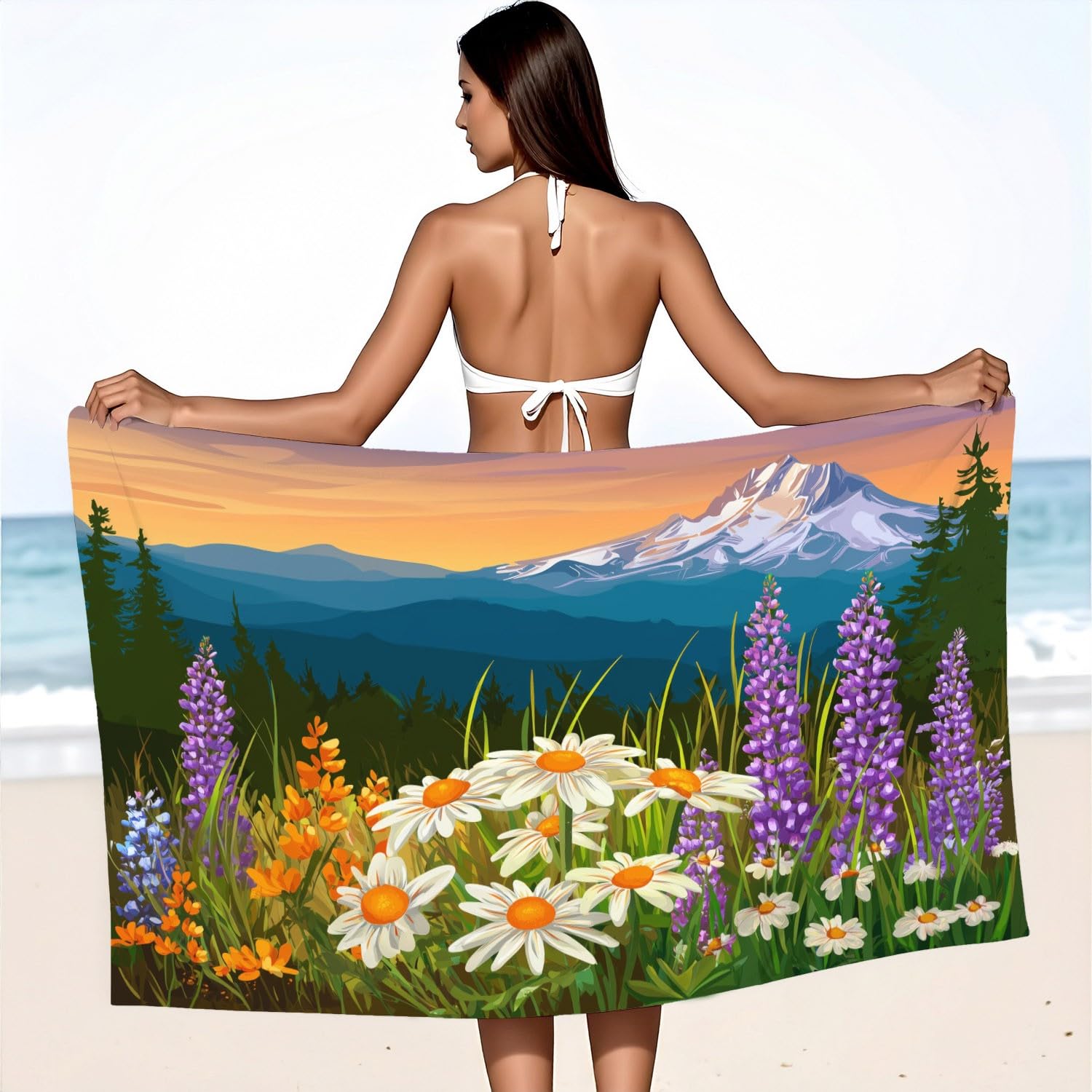 Microfaser Strandtuch 230 x 210 cm - Reisehandtuch Schnelltrocknend Romantisch, Realistisch, Natur, Himmel Strandtuch Berggipfel, Wald, Gänseblümchen, Gras für Campen, Picknick, Ausflüge