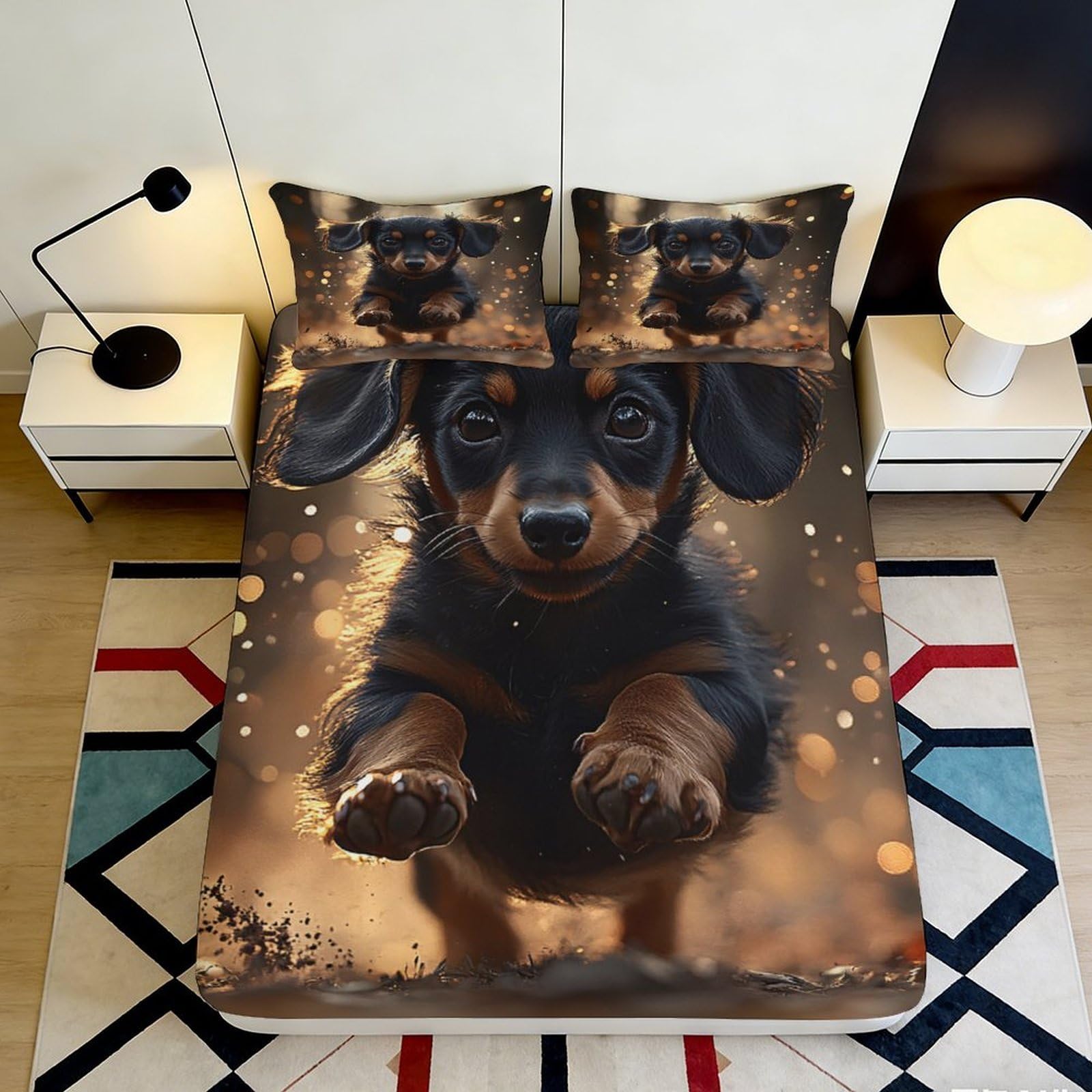 3D Printed Dachshund Dog Fitted Sheet Microfiber Soft Washable Brown Puppy Bed Cover for Bedroom Dorm Mattress Protector 90x200x25cm