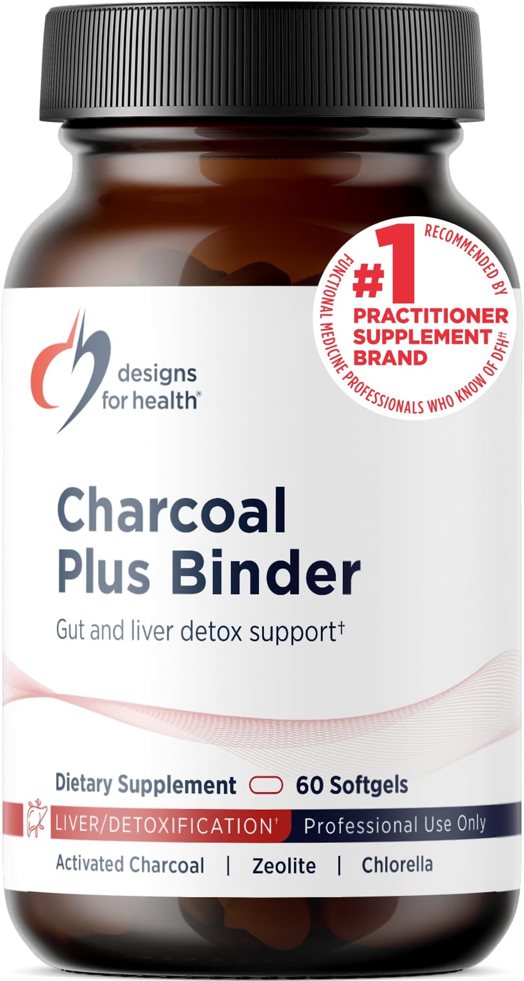 Designs for Health Charcoal Plus Binder - Zeolite Detox Process with Activated Charcoal, Organic Chlorella - Toxin Binder for Full Body, GI & Gut Detox Support (60 Softgels)
