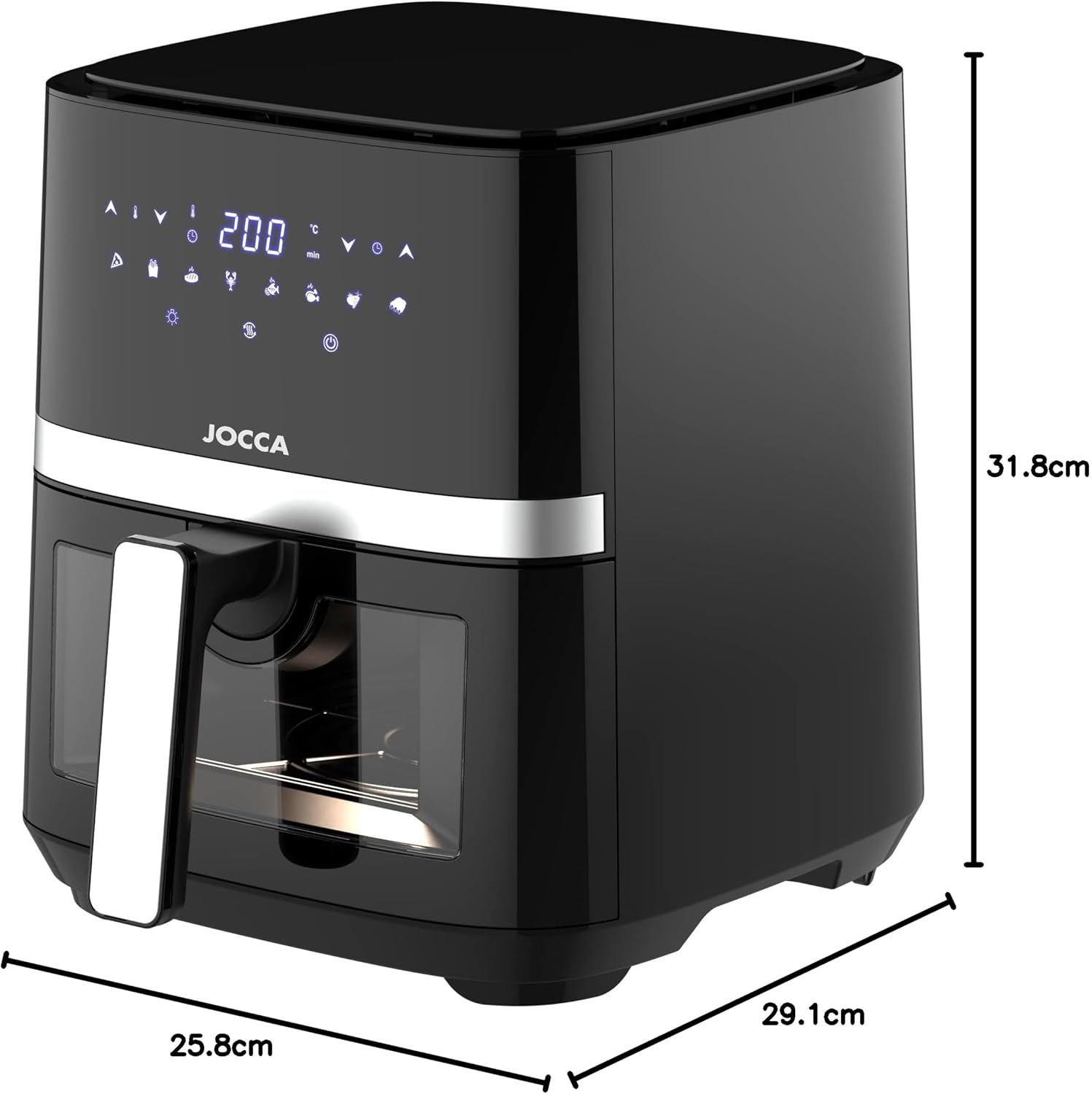 Diagram showing dimensions of the JOCCA Digital Air Fryer: 25.8cm depth, 29.1cm width, 31.8cm height