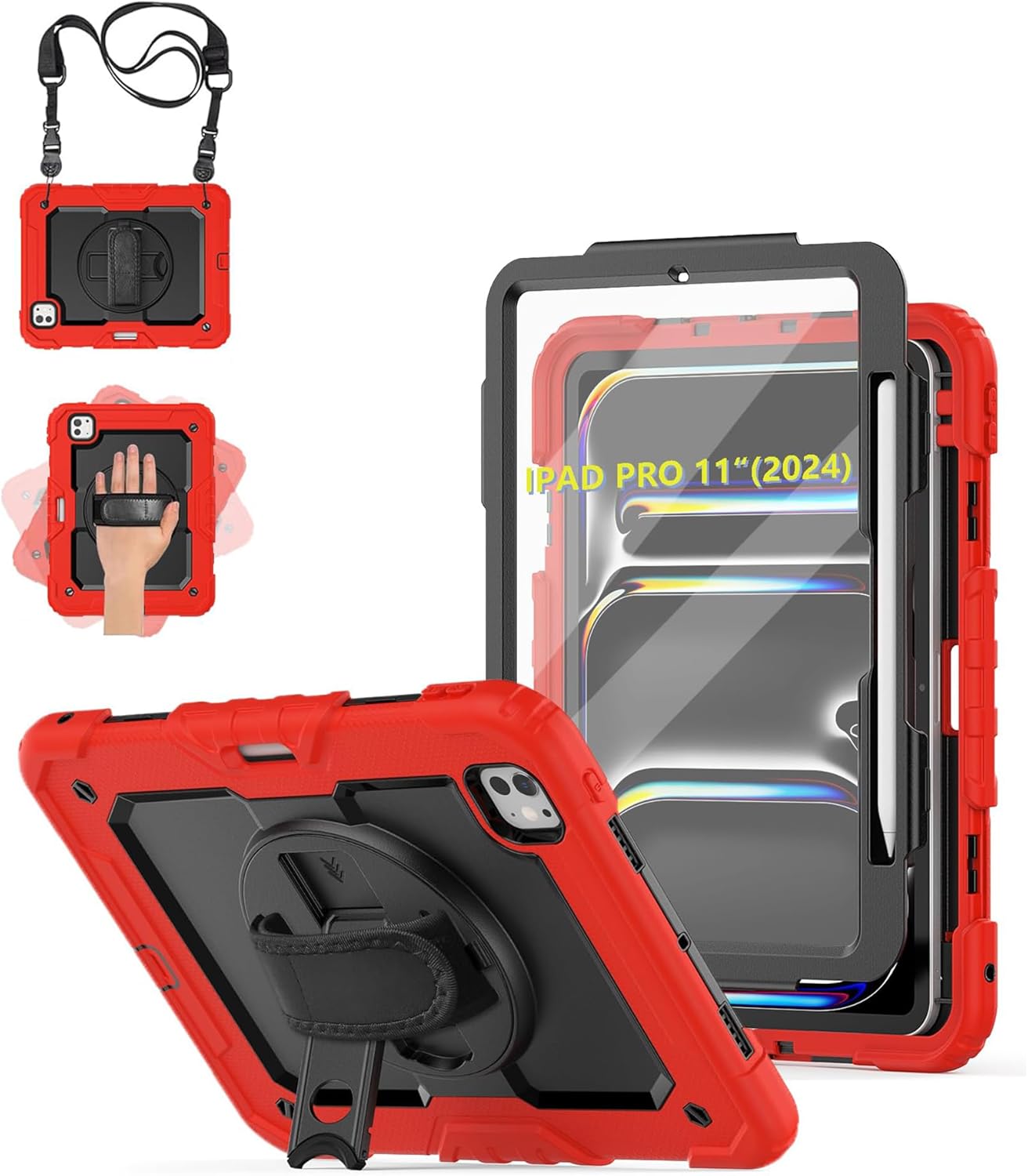 FANSONG Case for iPad Pro 11 inch 2024 M4 with Screen Protector,Rugged Heavy Duty Shockproof Protective Tablet Case with 360° Rotating Stand,Hand/Shoulder Strap,Pencil Holder for Kids,Red