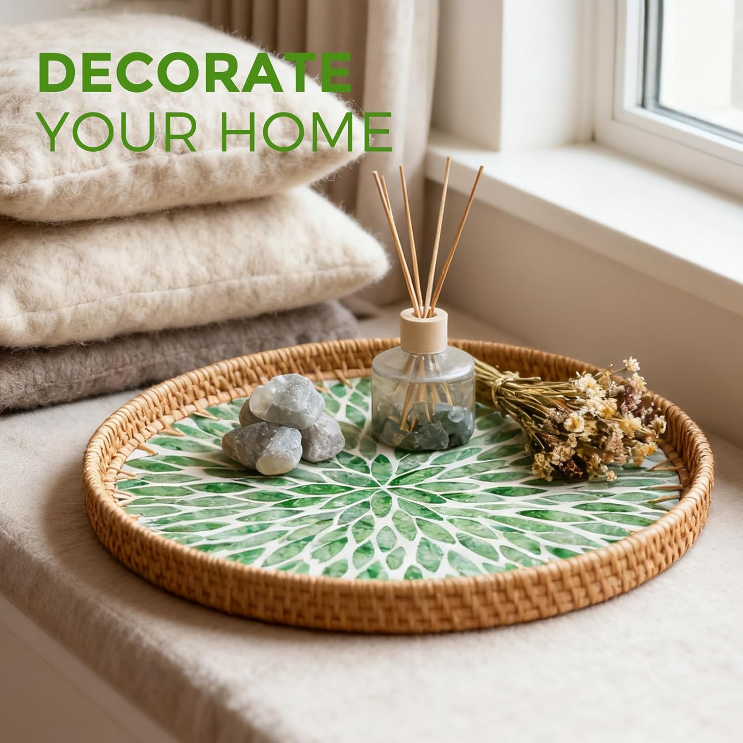 13.8 in Round Rattan Tray with Mother of Pearl Inlay, Wicker Serving Tray Mother for Decor, Rattan Round Wicker Coffee Table Tray for Coffe Friut Bread, Green Leaf