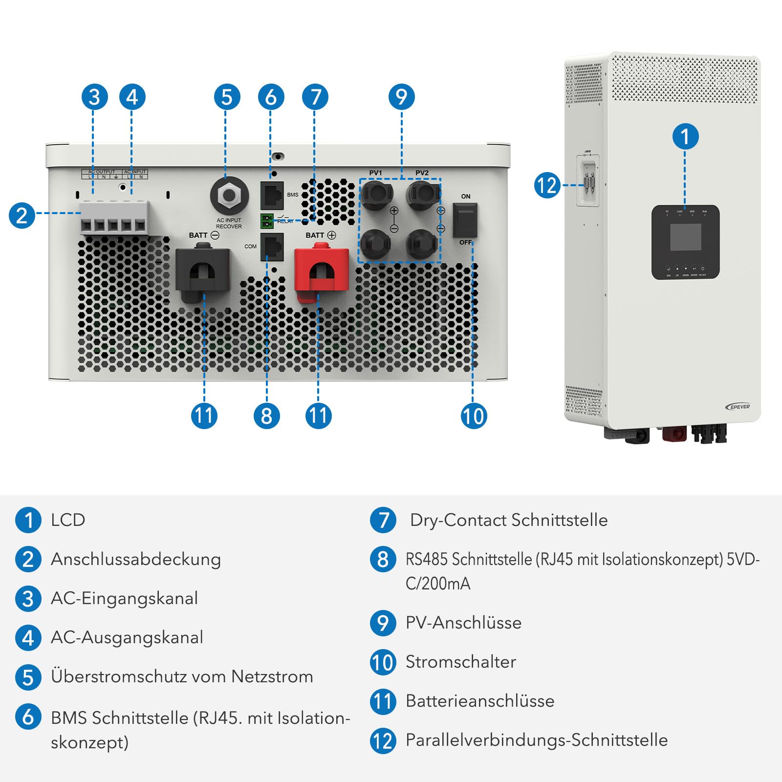 EPEVER® Inverter/Caricatore Ibrido_5500W/48VDC/100A, ideale per camper, attrezzature da campeggio, applicazioni marine e sistemi di alimentazione di emergenza.