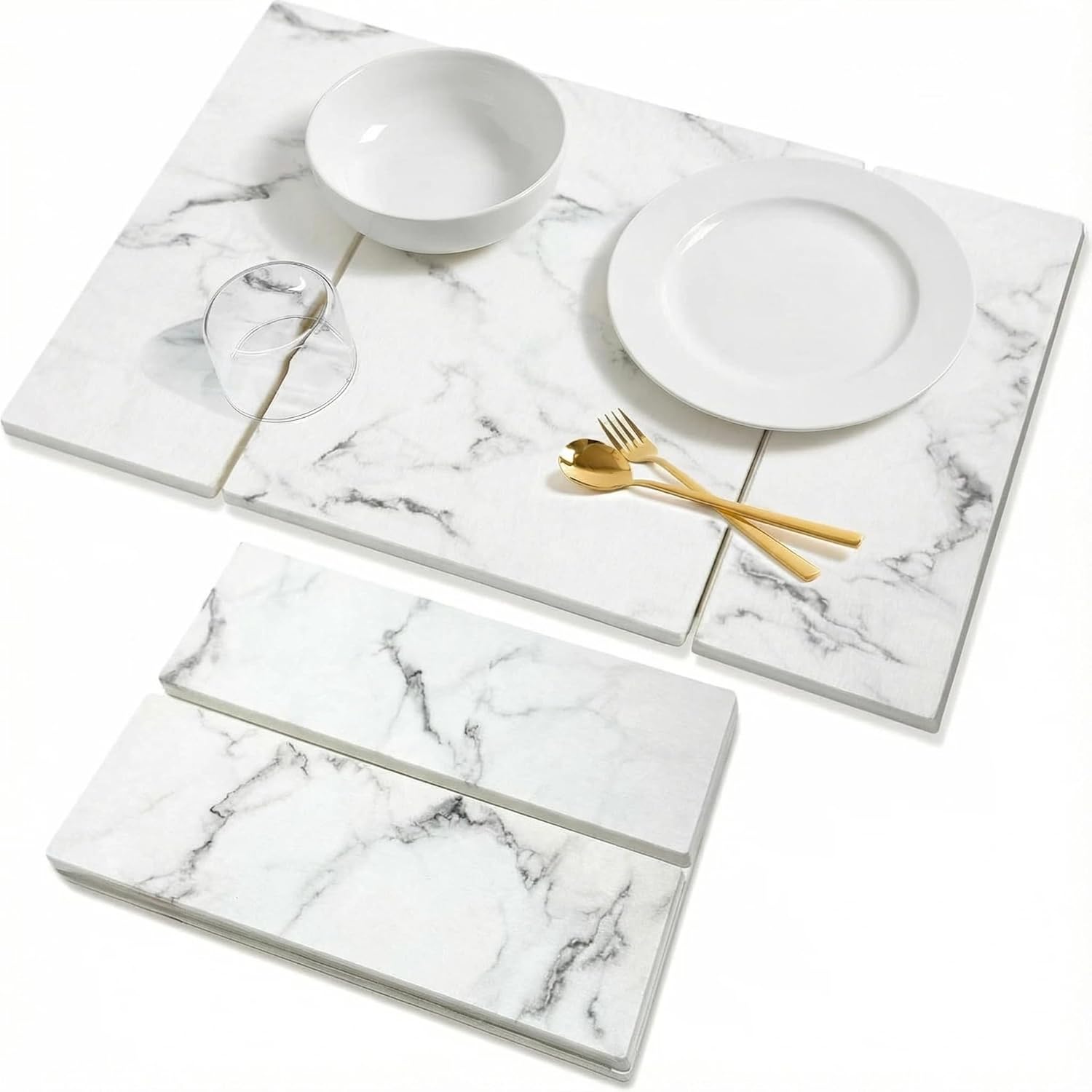 Foldable Diatomaceous Earth Dish Drying Mat, White Marble Pattern, 23.4 x 15.4 Inches, Quick Dry Absorbent Stone Mat for Kitchen Countertop, Heat Resistant, Multifunctional