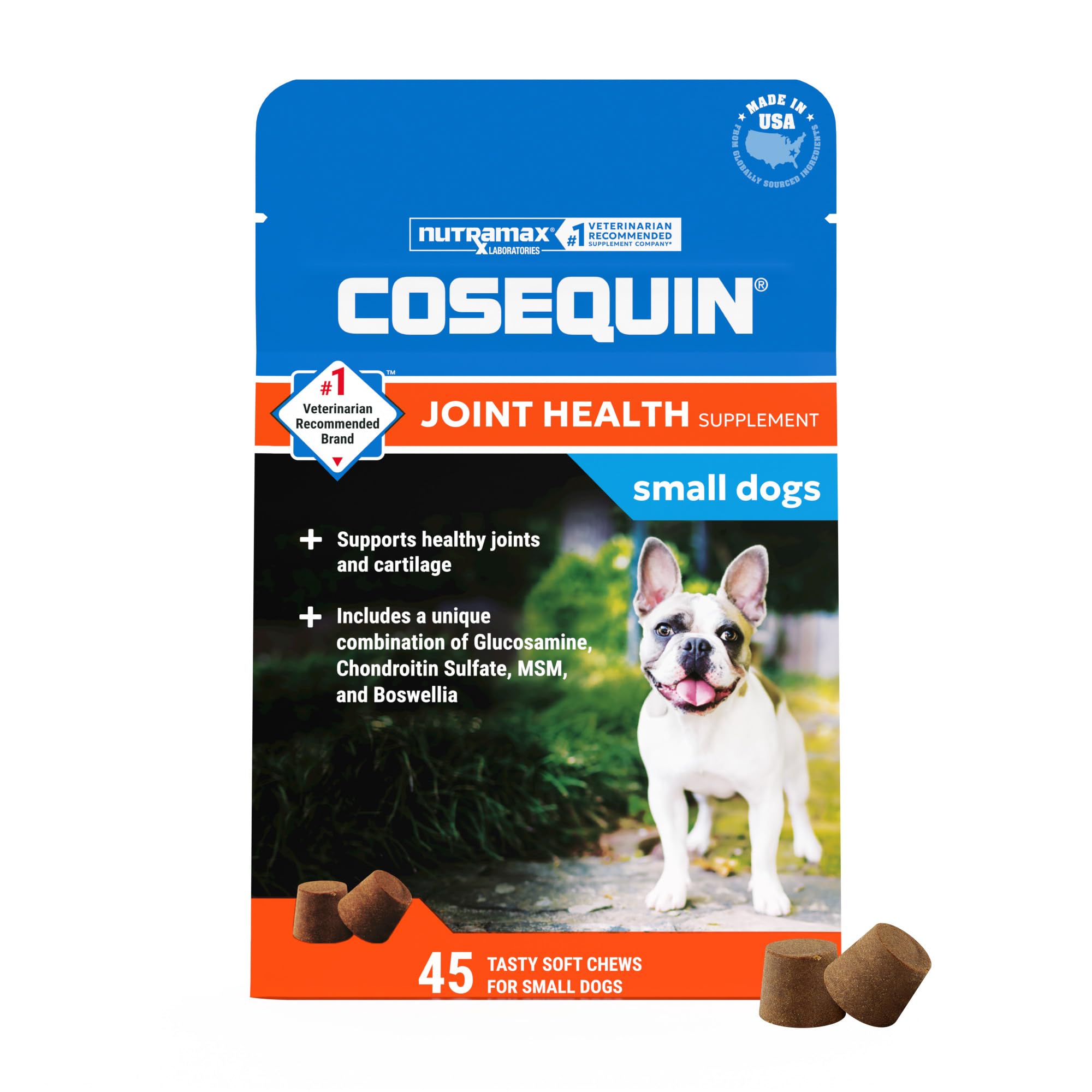Nutramax Cosequin Small Dog Joint Supplement, Soft Chews, 45ct | Joint Support Soft Chews for Small Dogs with Glucosamine and Chondroitin, Boswellia, All Ages 1 Count (Pack of 1)