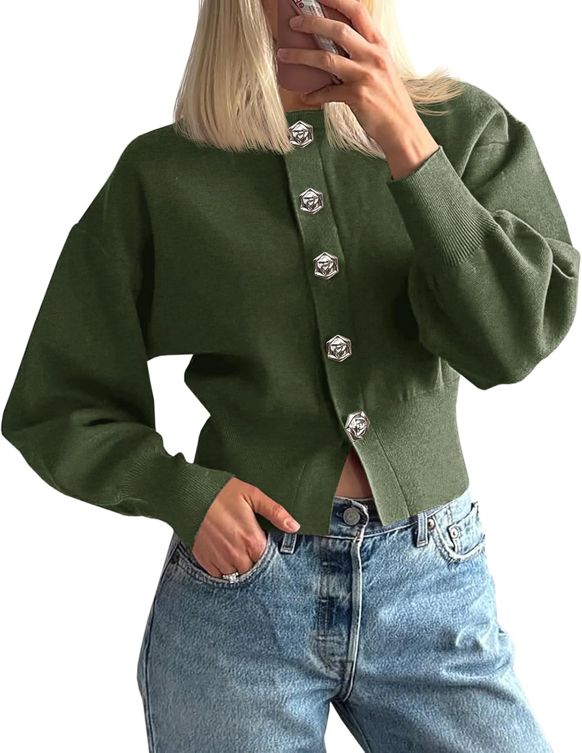 Saodimallsu Womens Button Up Cardigan Sweaters Fall Trendy Long Lantern Sleeve Knit Crew Neck Sweater Jacket