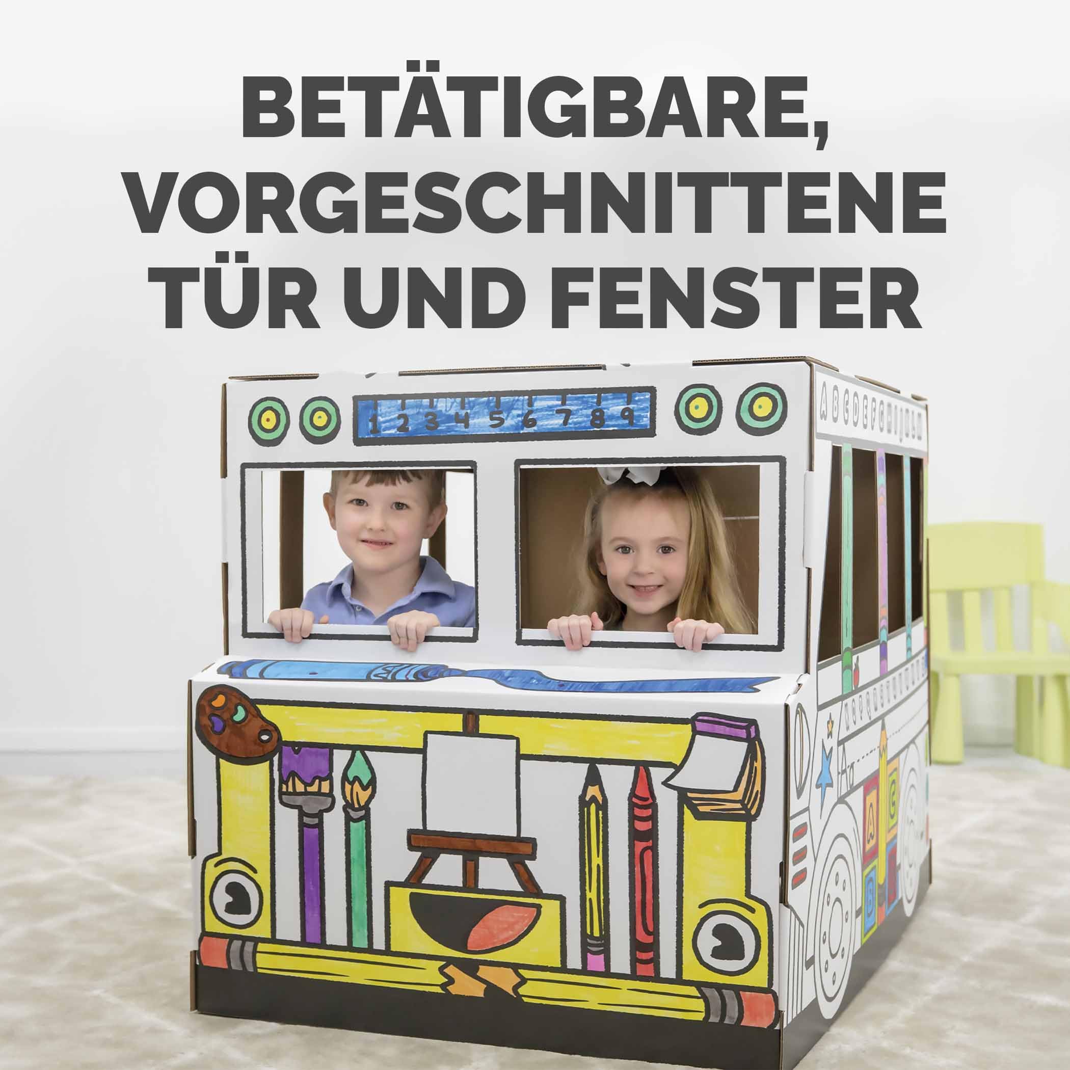 BANKERS BOX Colour-In School Bus Cardboard Playhouse für Kinder (114,3 x 78,74 x 83,82cm) - Craft Activity mit Türen & Sonnendach - Einfache Montage - FSC Zertifiziert, 100% recycelbar - Alter 3+