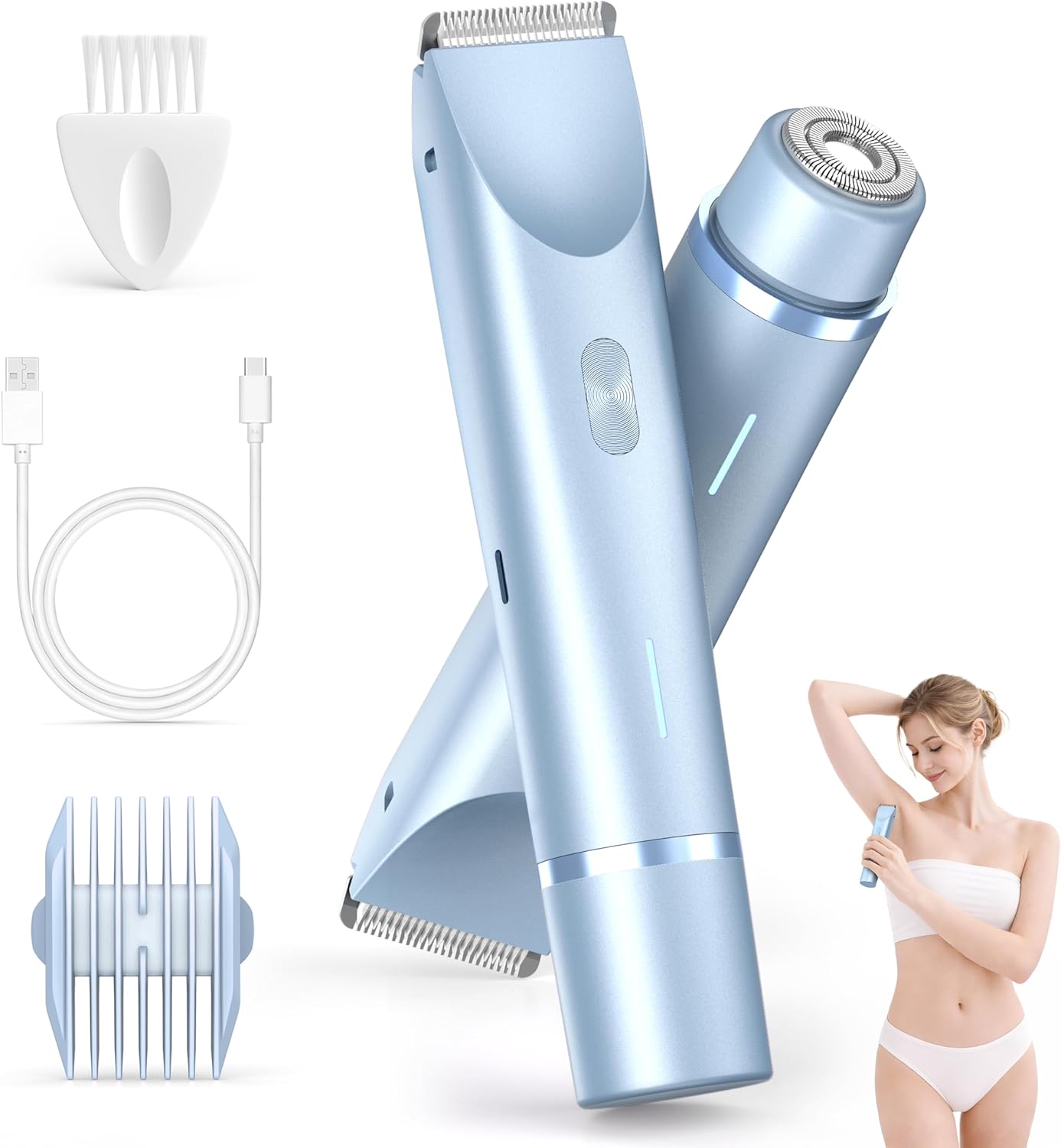 Bikini Trimmer for Women, 2-in-1 Electric Razor with Dual Head, IPX7 Waterproof Body Hair Trimmer for Pubic Hair, Legs, Underarms and Sensitive Areas, Cordless Rechargeable (Blue)