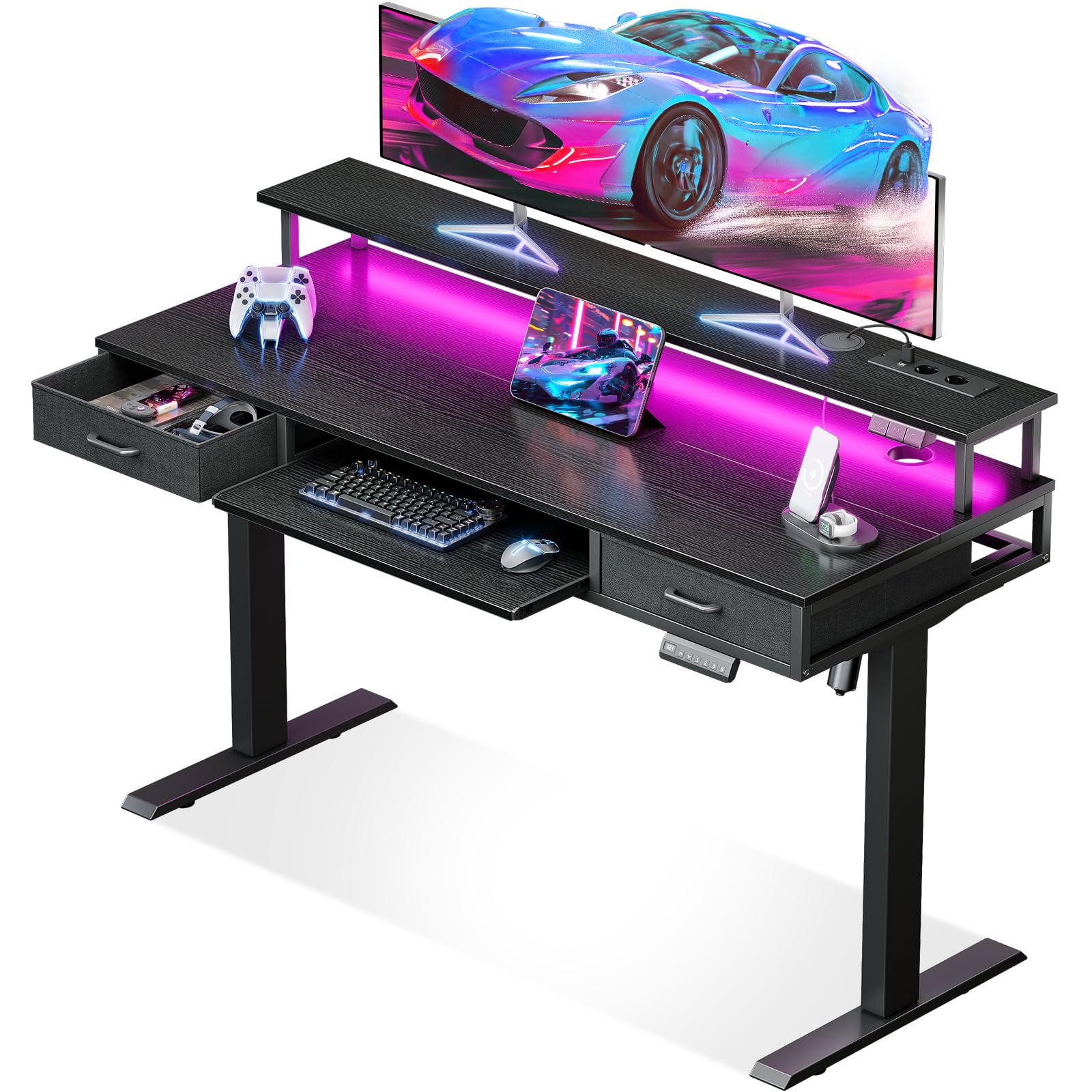 OffiGo Schreibtisch Höhenverstellbar mit Schubladen, 120cm Elektrischer Schreibtisch mit Tastaturablage, Computertisch mit Monitorständer, Tisch Höhenverstellbar mit Steckdosen und LED, Schwarz