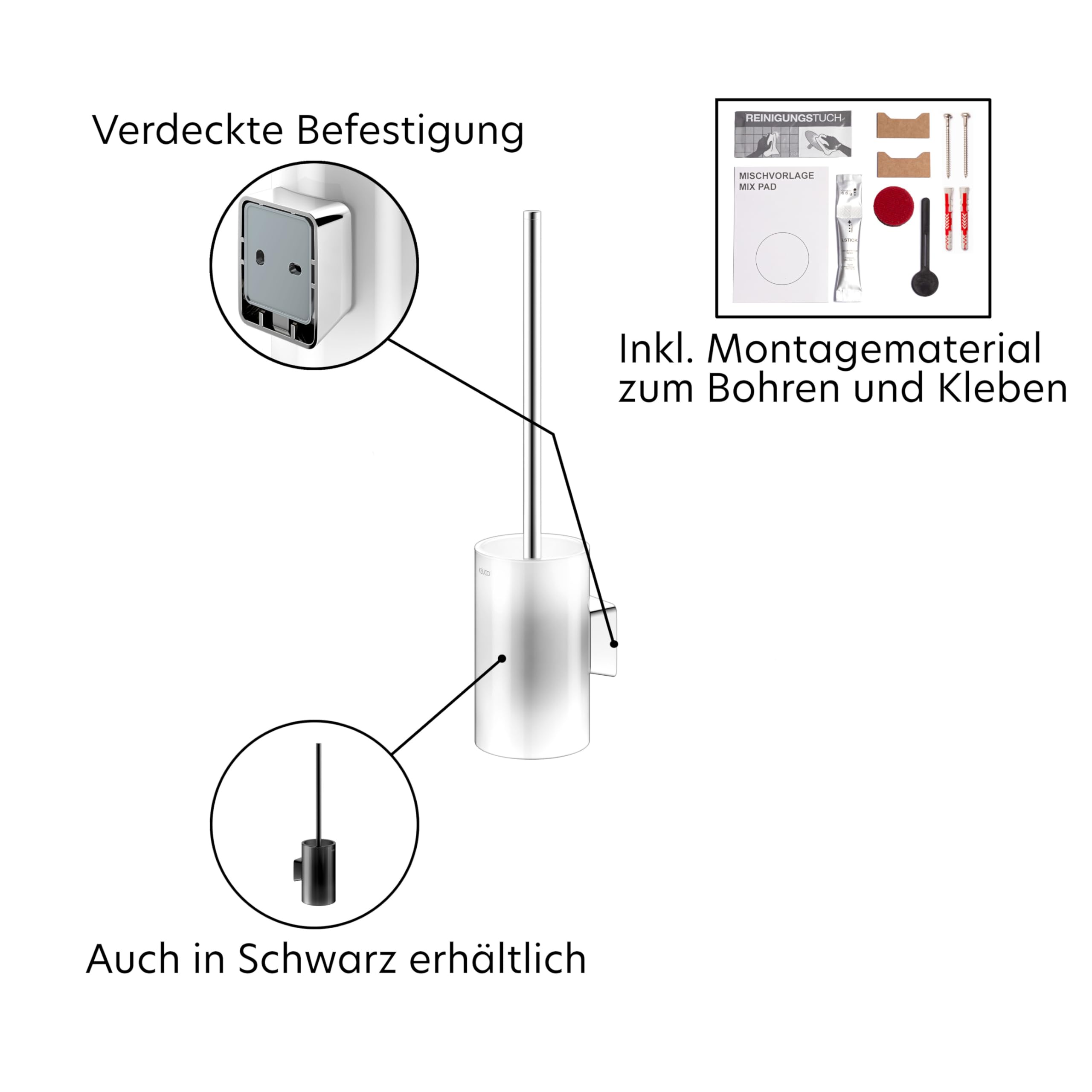 KEUCO Rose Set aus WC-Bürstengarnitur & 4 Bürstenköpfen, ohne Bohren, Chrom | Bürstengarnitur mit Glasgehäuse und Bürste, Ersatzköpfe weiß, inkl. Klebeset und Schraubset, Bürstenhalter mit Klobürste