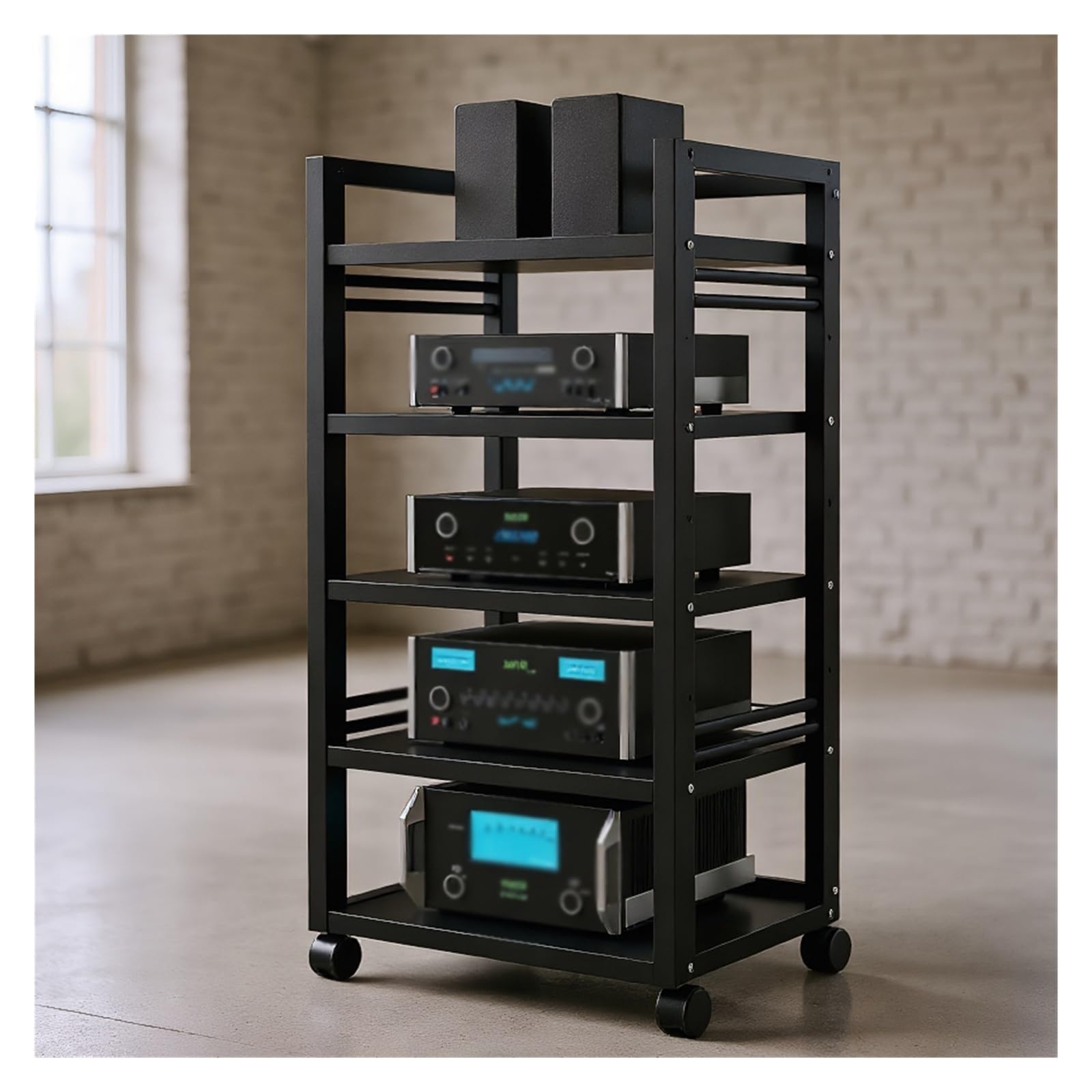 Rack phono réglable avec étagères modulaires en bois et acier