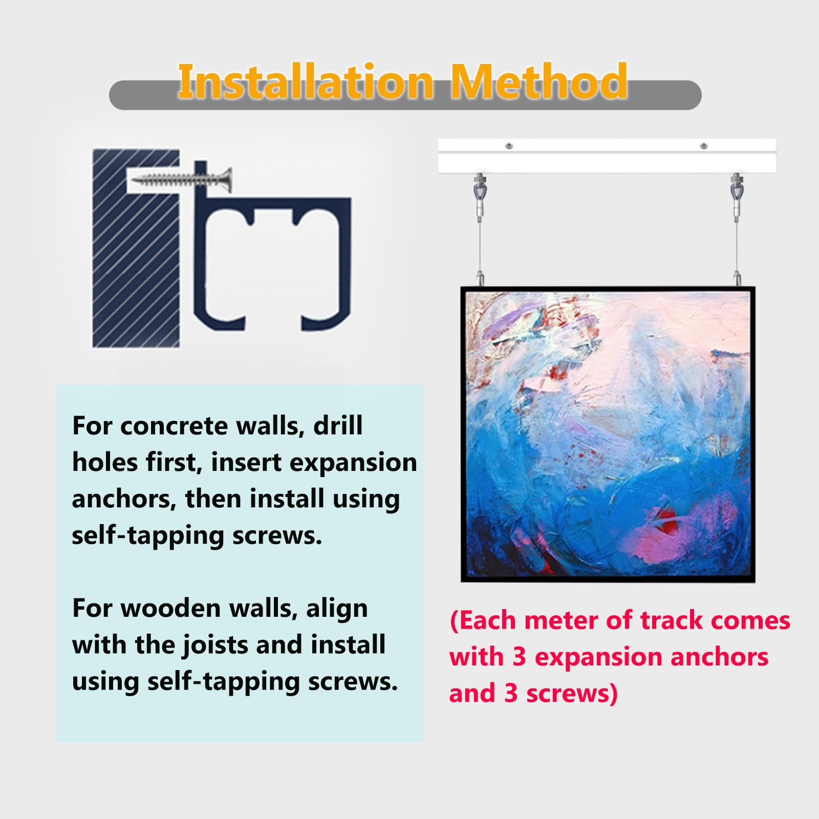 Kit para colgar cuadros con riel y alambre, solución de montaje en pared resistente para obras de arte y pinturas