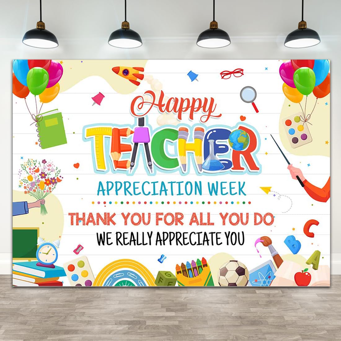Wollmix Thank You Teacher Appreciation Week Banner Sign Decorations Backdrops Gifts We Appreciate You Staffs Teachers Day Photography Background 7x5ft Indoor Outdoor Party Decor Hanging Photo Booth