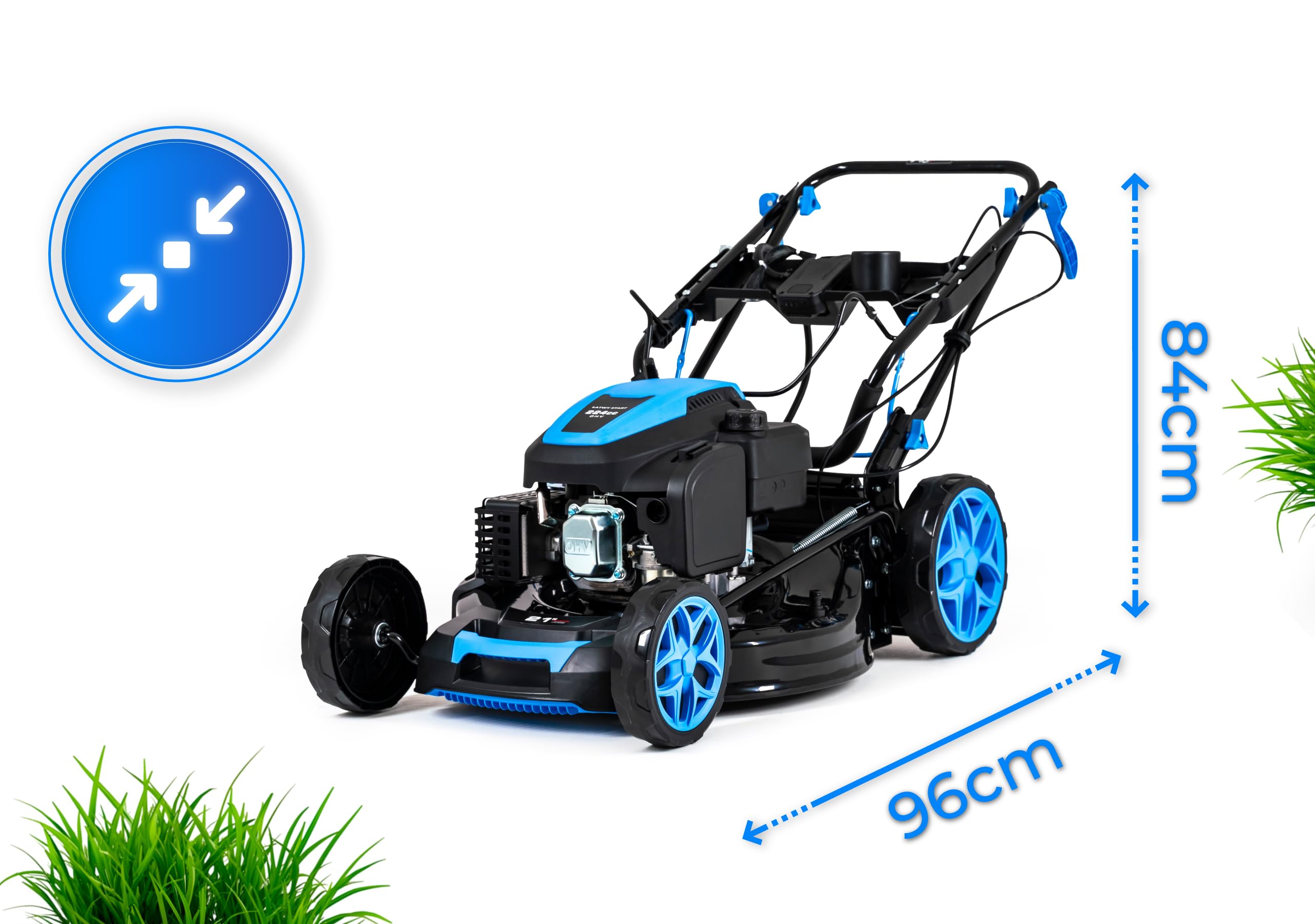 Hexwelt HW-KS-224 - Cortacésped de gasolina con autotracción, arranque eléctrico, motor Ducar OHV de 224 cm³, ancho de corte de 53 cm, bandeja de recogida de 60 L, función mulching, eyección latada