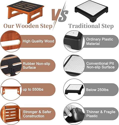 Miniatura 53 de Taburete de un solo paso para adultos mayores con superficie de goma antideslizante, taburete de madera resistente con escalones de cama de Marrón
