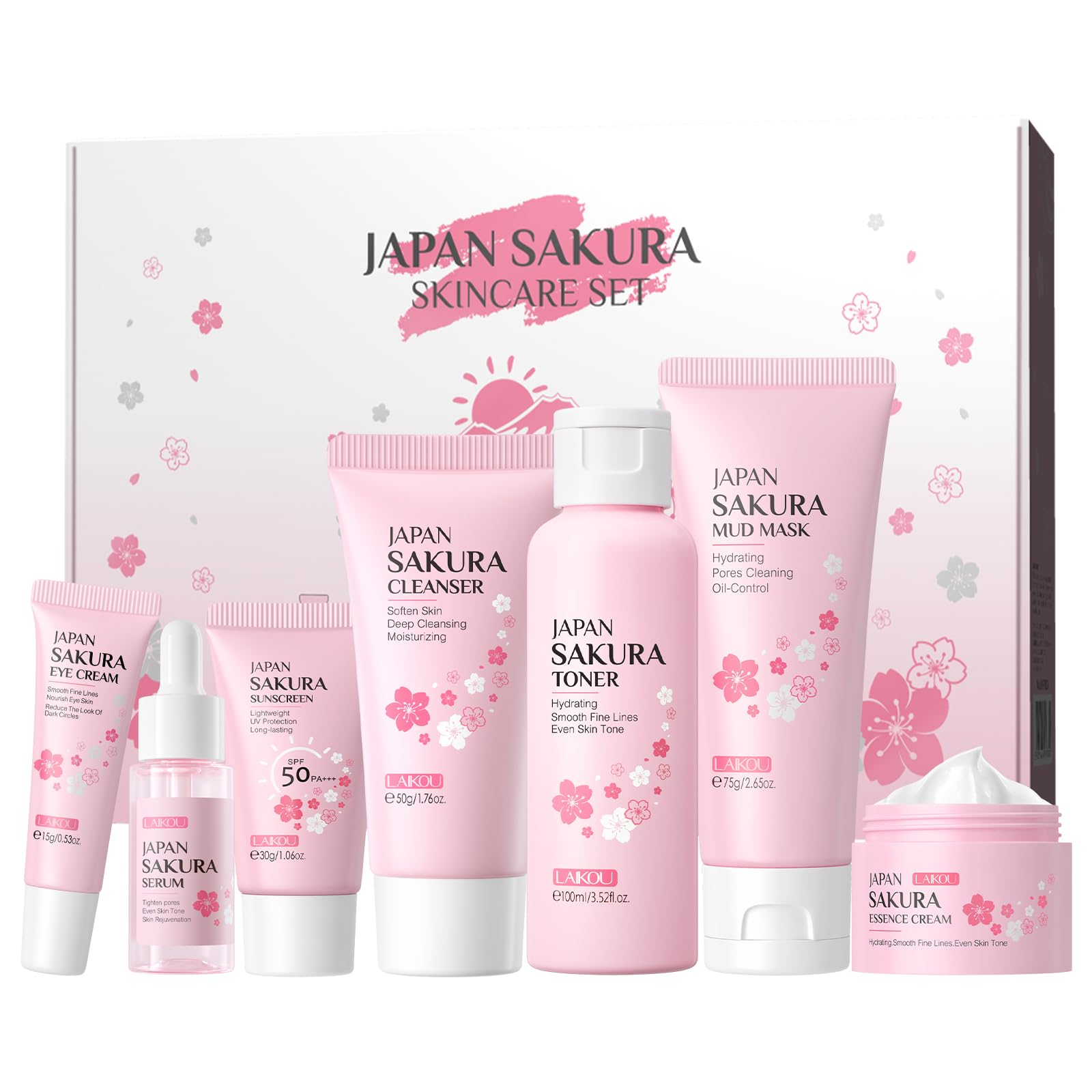 LAIKOU Skincare Set, Sakura Skin Care Sets & Kits, Cleanser, Mud Mask, Toner, Serum, Eye Cream, Face Cream, Sunscreen