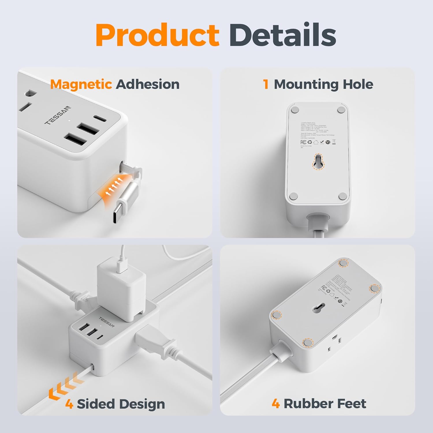 TESSAN Small Flat Plug Power Strip, Ultra Thin Extension Cord 5 ft, 3 AC Outlets 3 USB (1 USB C), 1 Retractable USB C Cable, Multiple Wall Outlet Extender for Cruise Travel Dorm Room Essentials