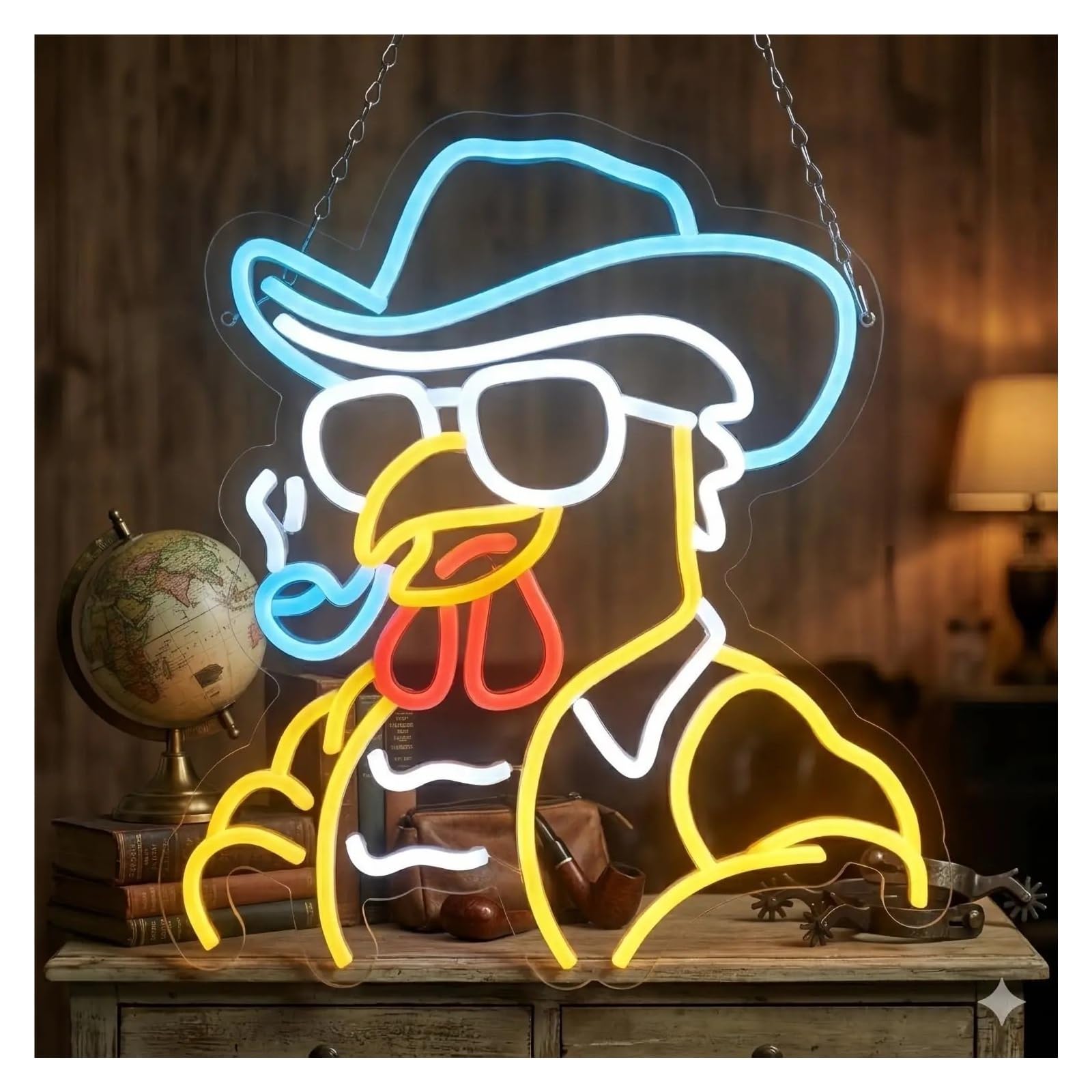 LEMST Sign Lamp Cowboy Chicken Neon Sign USB Powered Dimmable for Bar Game Room Farmhouse Western Decoration Wall Decor 44x42cm