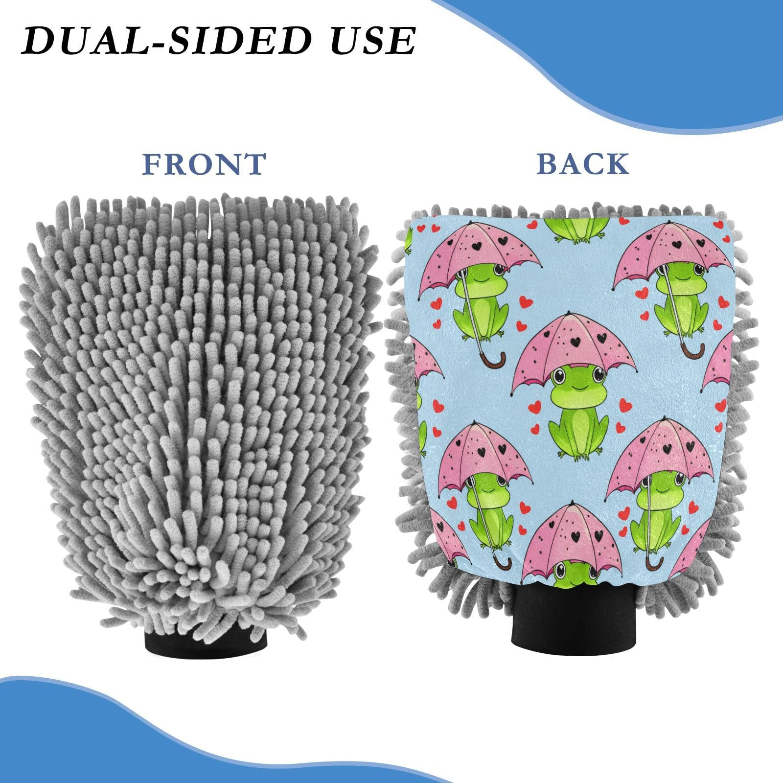 STAYTOP Cute Cartoon Frog Car Wash Mitt Microfiber, 2Pcs Scratch Free Lint-Free, Premium Chenille Microfiber Mitt Car Wash Brush-M