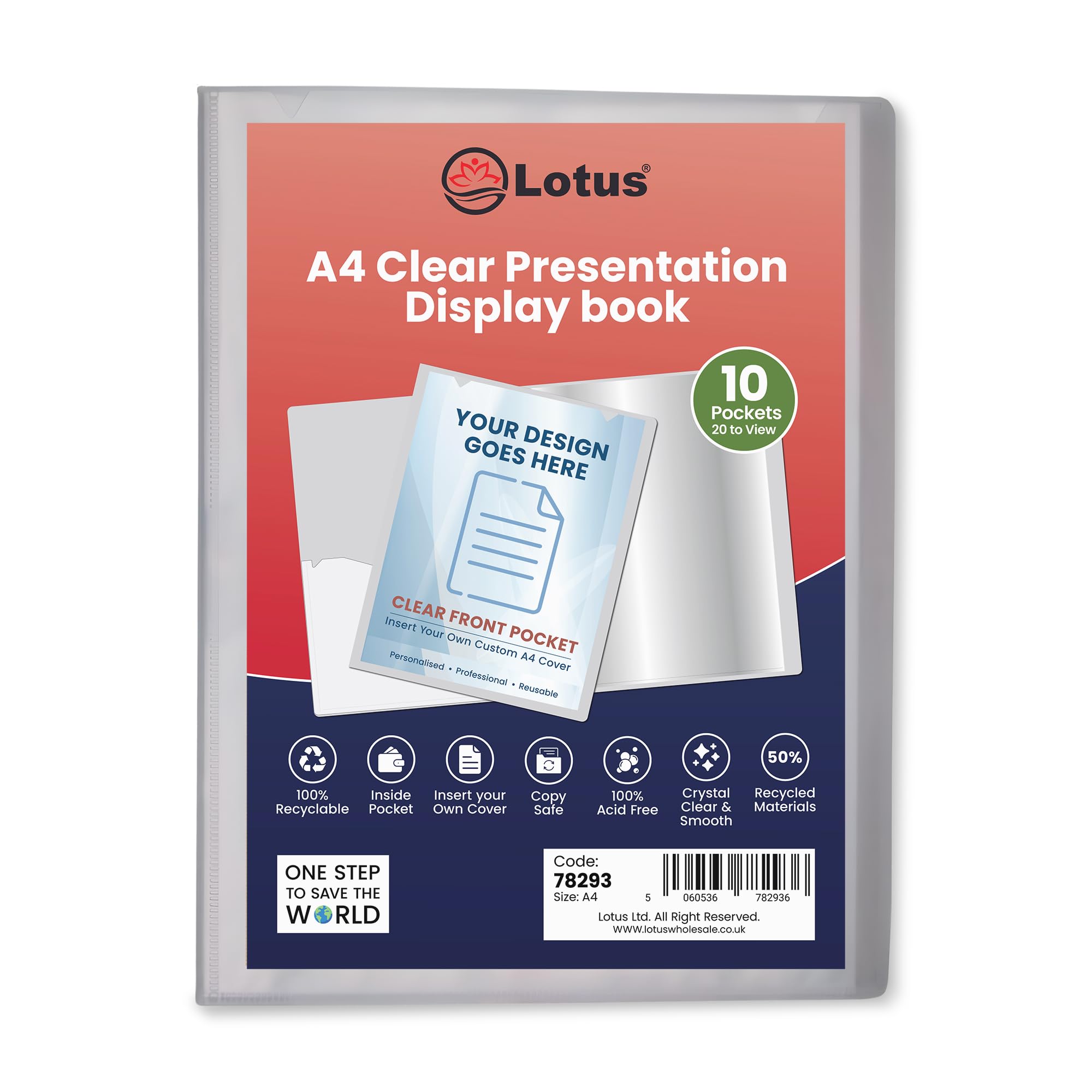Pack of 12 A4 Display Book 10 Pockets (20 Views) - Clear 50% Recycled Presentation Folder with Clear Plastic Sleeves - Portfolio, Certificate & Project Folder for School, Office & Interviews (Lotus)