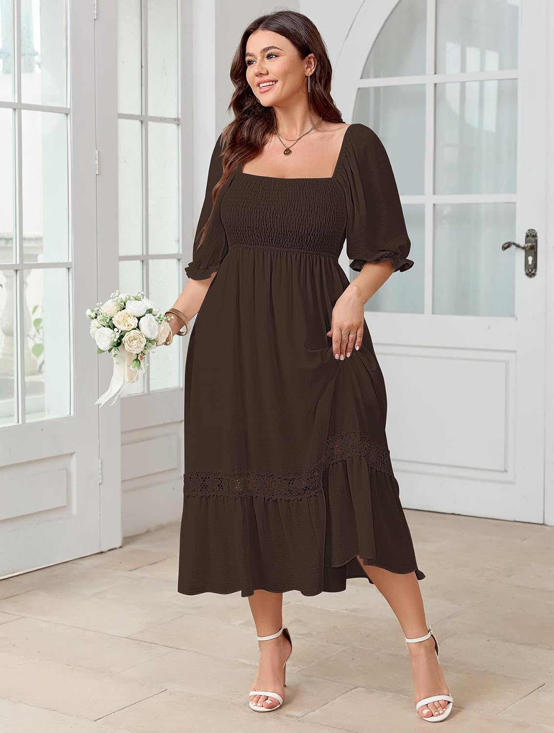 SCOMCHIC Women's Plus Size Maxi Dress Short Sleeve Square Neck Smocked Flowy A-Line Lace Trim Boho Wedding Guest Dresses - Image 3