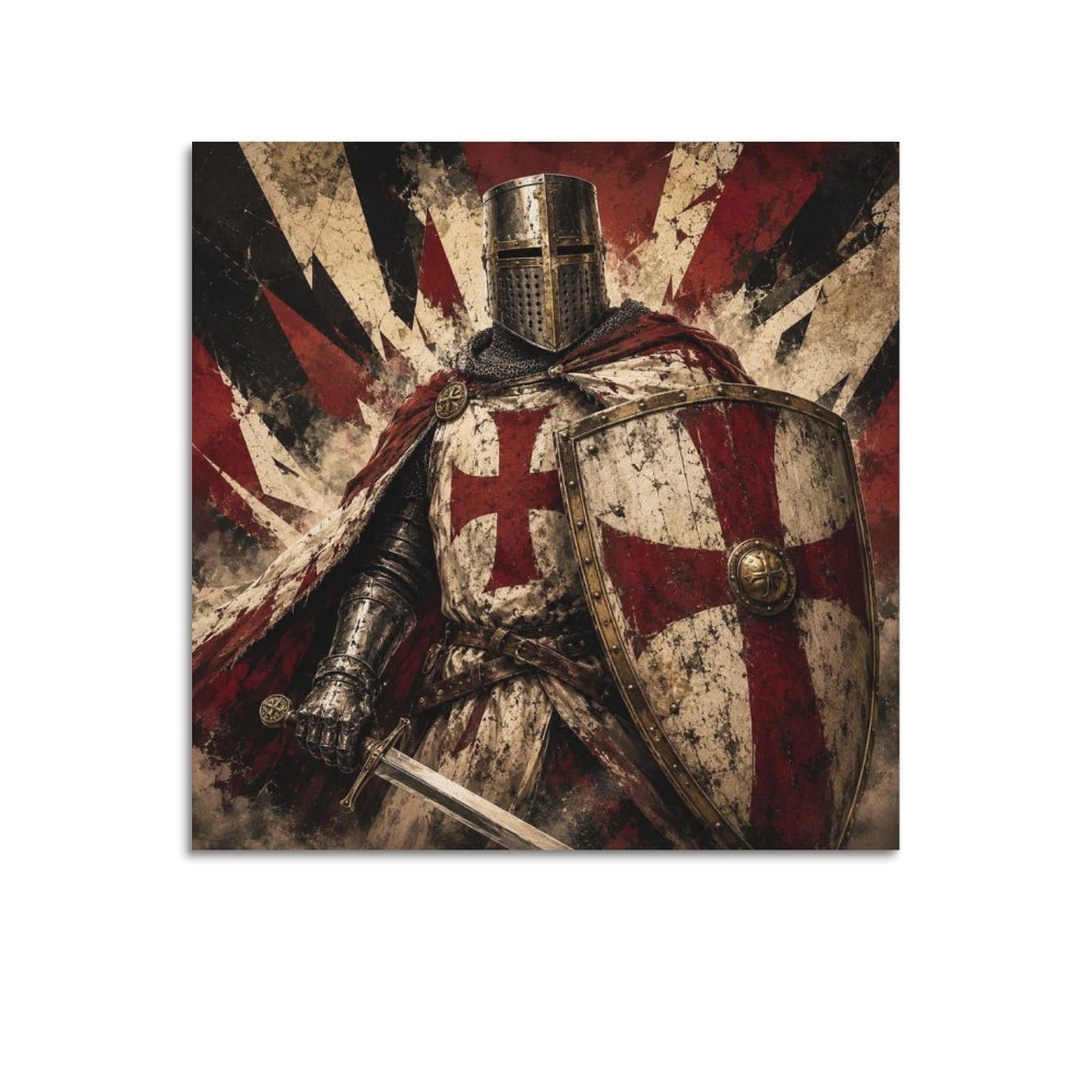XKUGA Geometric Red Crusader Knight Poster Shield Sacred Armor Modern Decorative Canvas Prints - Ideal Wall Art for Family, Man Cave, Game Room, Boys & Girls Bedroom 12x12inch(30x30cm)
