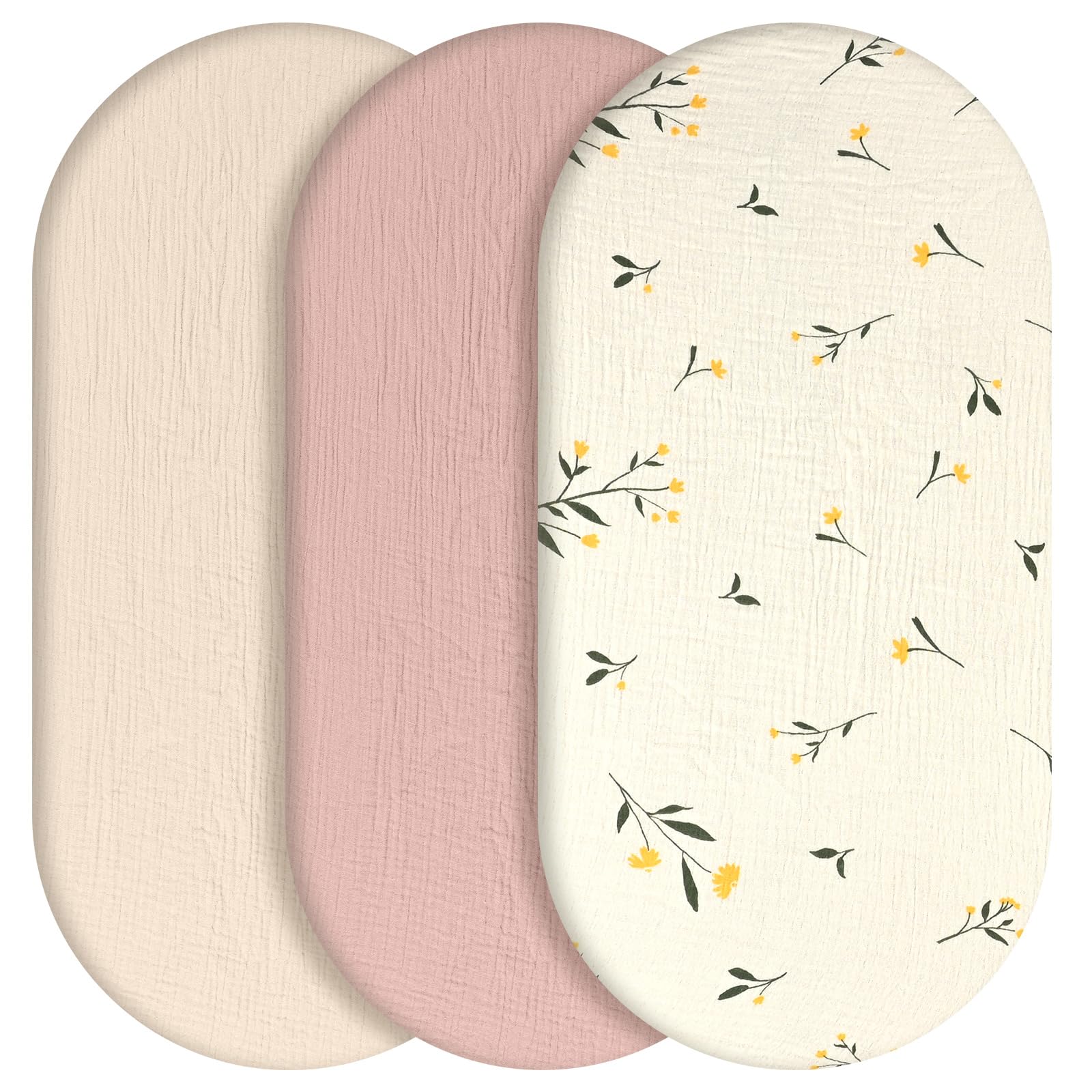 3 Stück Baby-Bettlaken, 83 × 43 cm, Universelle Spannbettlaken für Kinderwagen, 100% Musselin-Baumwolle, Baby Spannbettlaken, Reisebett Spannlaken Beistellbett Leintücher (Gelbe Blume)