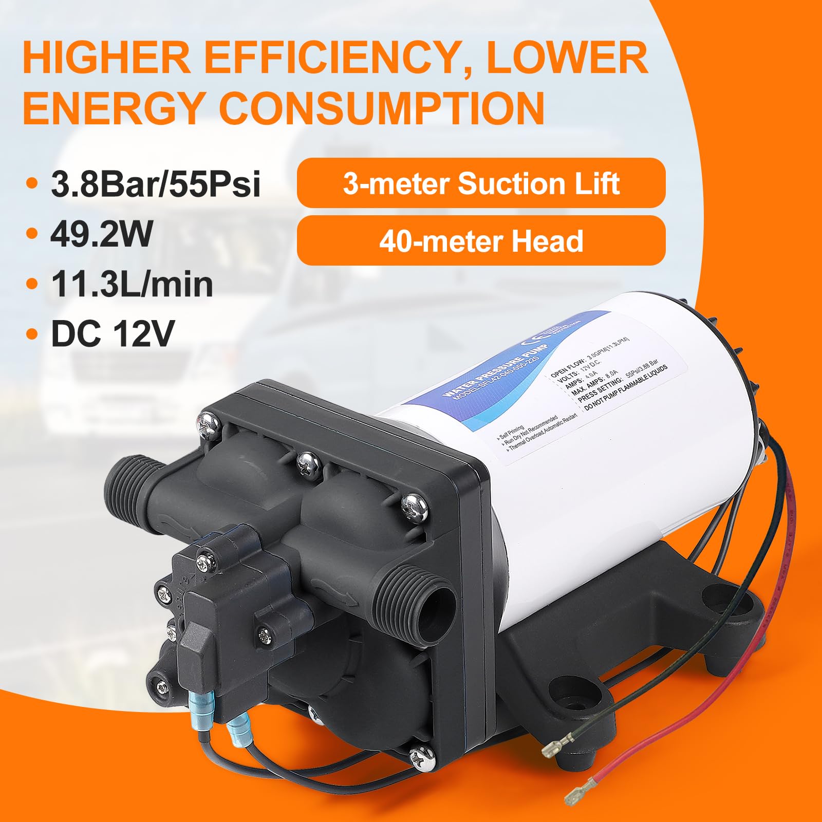 CPROSP Bomba de Agua 12v, 11,3L/min 49,2W, Bomba de Membrana Autocebante para Autocaravana, Bomba de Diafragma con Interruptor de Presión, 3,8Bar (55Psi), para Caravanas, Autocaravanas, Barcos