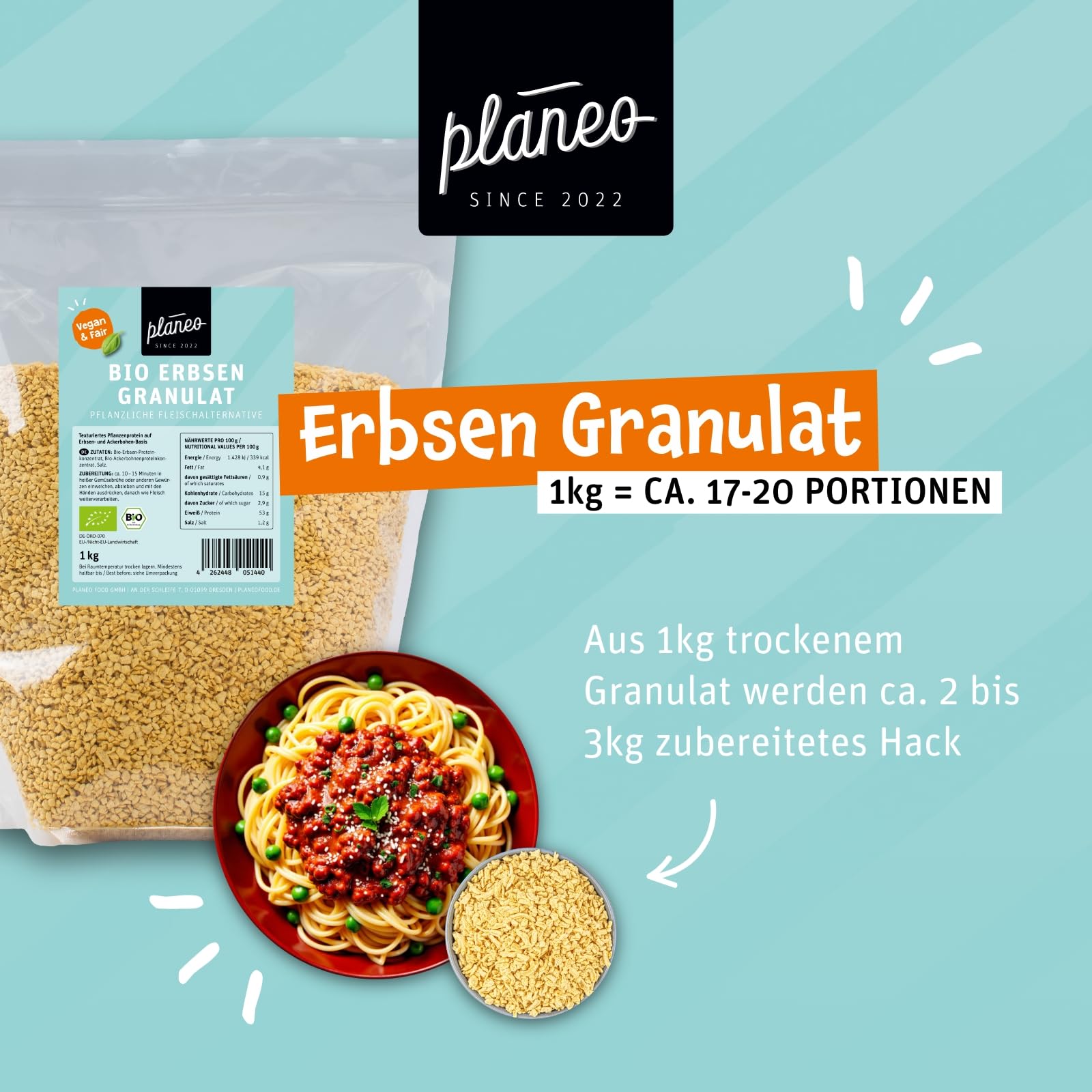 Planeo BIO Erbsen Granulat 2 x 1kg – Proteinreicher Hackfleischersatz mit über 50% Eiweiss, ideal für vegane Bolognese & Burger, aus Bio-Erbsen- und Ackerbohnenprotein