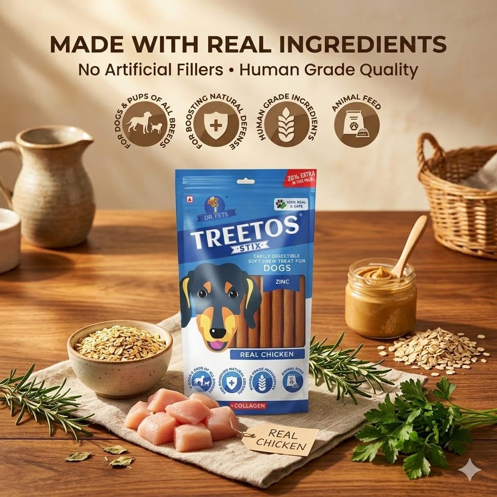 Dr. Pets Pack of 3 (85g Each) Treetos Chicken Stix Dog Treats | Real Chicken Flavour | Soft Chew Sticks for Puppies & Adult Dogs | Training Reward Snacks | Easy to Chew | Pouch Pack 1
