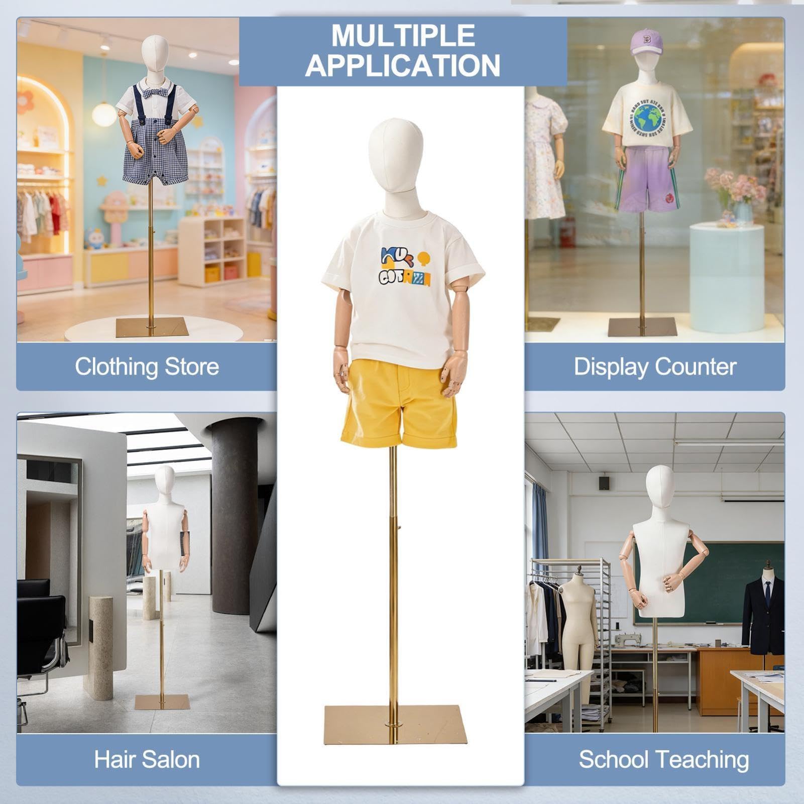 Kinder Schneiderpuppe Höhenverstellbar 132-185cm, Mannequin Torso Mit Leinen-Oberfläche & Kunststoff-Gelenkarmen, Robuste Metallbasis, Modulare Bauweise, Für Kinderbekleidung & Ausstellungen