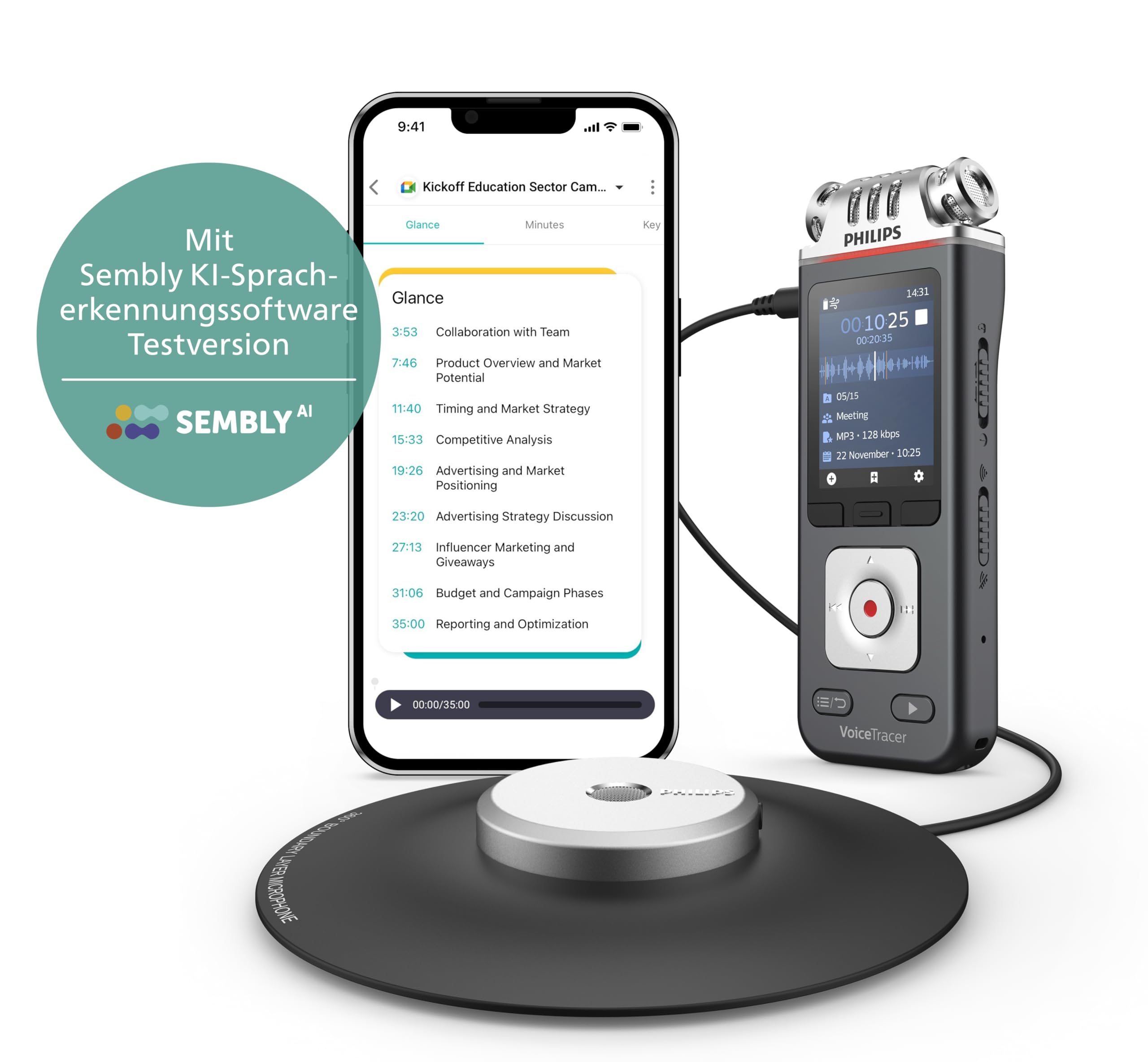 Philips DVT8115 VoiceTracer, Diktiergerät Aufnahmegerät, HiFi Meeting Mikrofon, hervorragende Meeting-Aufnahmen, inkl. Sembly AI-Testlizenz: Transkription & KI-Zusammenfassungen