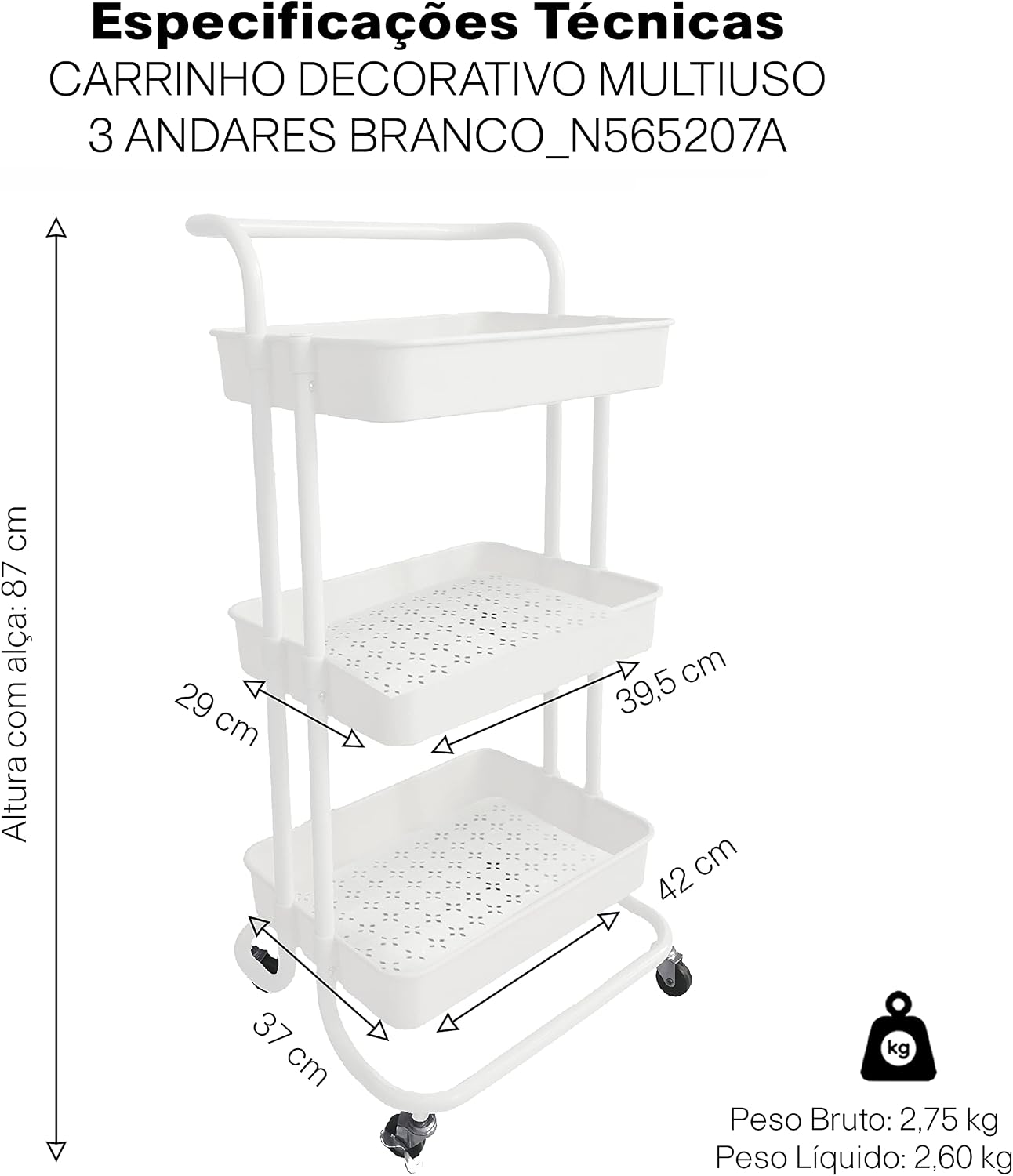 Carrinho Organizador Fruteira Multiuso 3 Prateleiras com Alça e Rodízios Branco