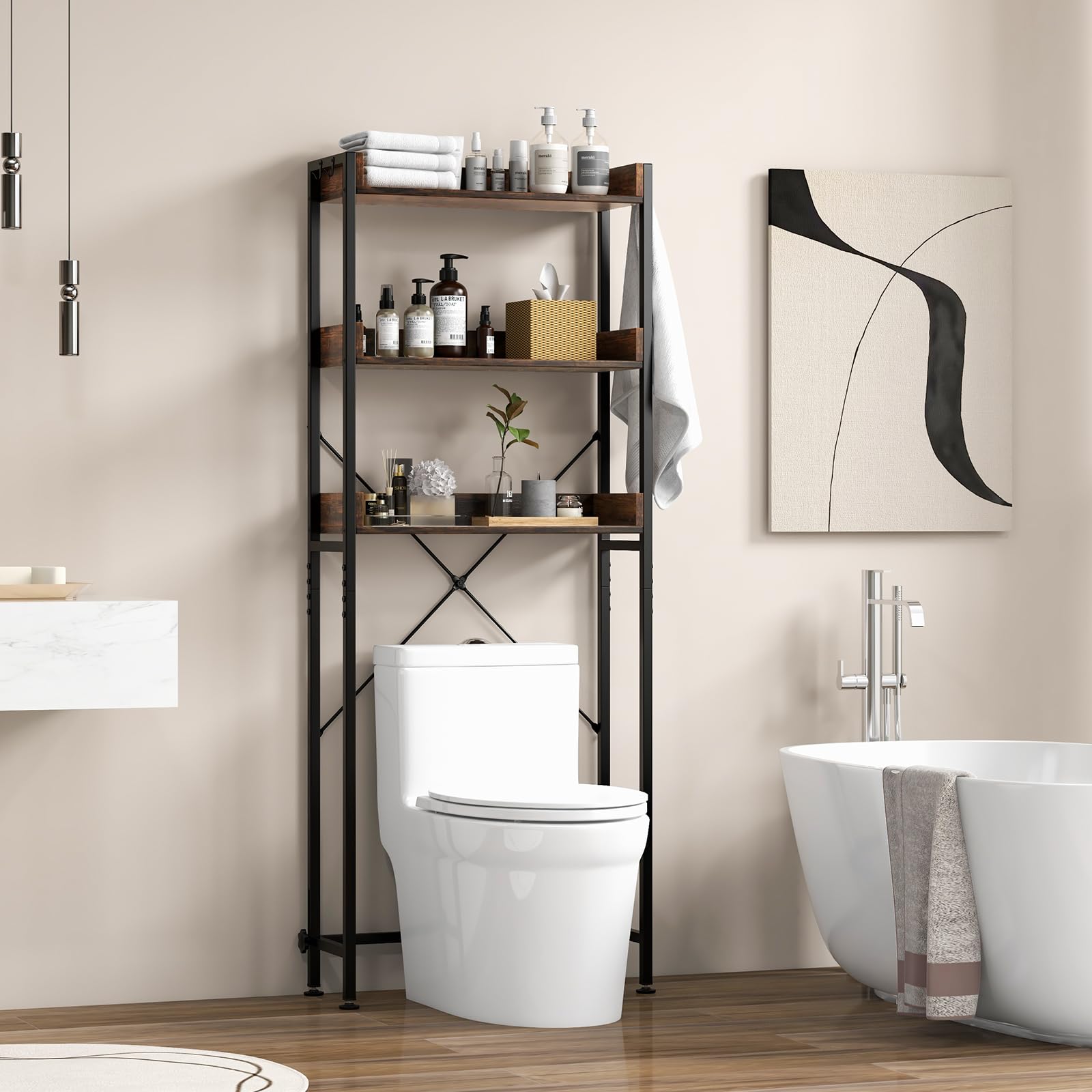 LIFEZEAL Mueble sobre indoro, Estante de 3 Niveles con 4 Ganchos, Mueble de almacenaje de baño, Estilo Industrial, Dispositivo antivuelco (Marrón)