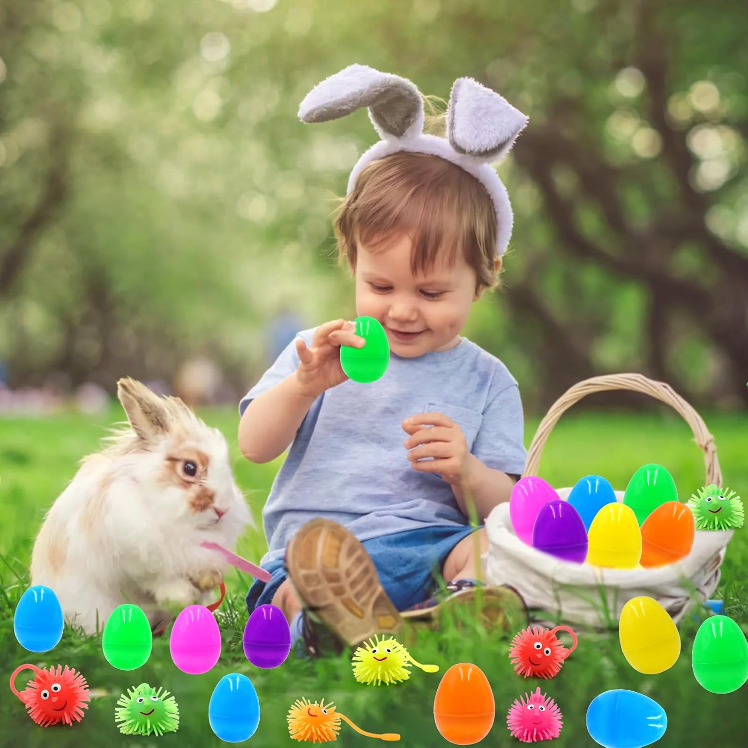 24PCS Easter Eggs Filled with LED Puffer Balls, LED Light-Up Squeeze Stress Relief Toys for Kids, Easter Egg Hunt Fillers Treats Easter Basket Stuffers for Kid Toddler Boys Girls