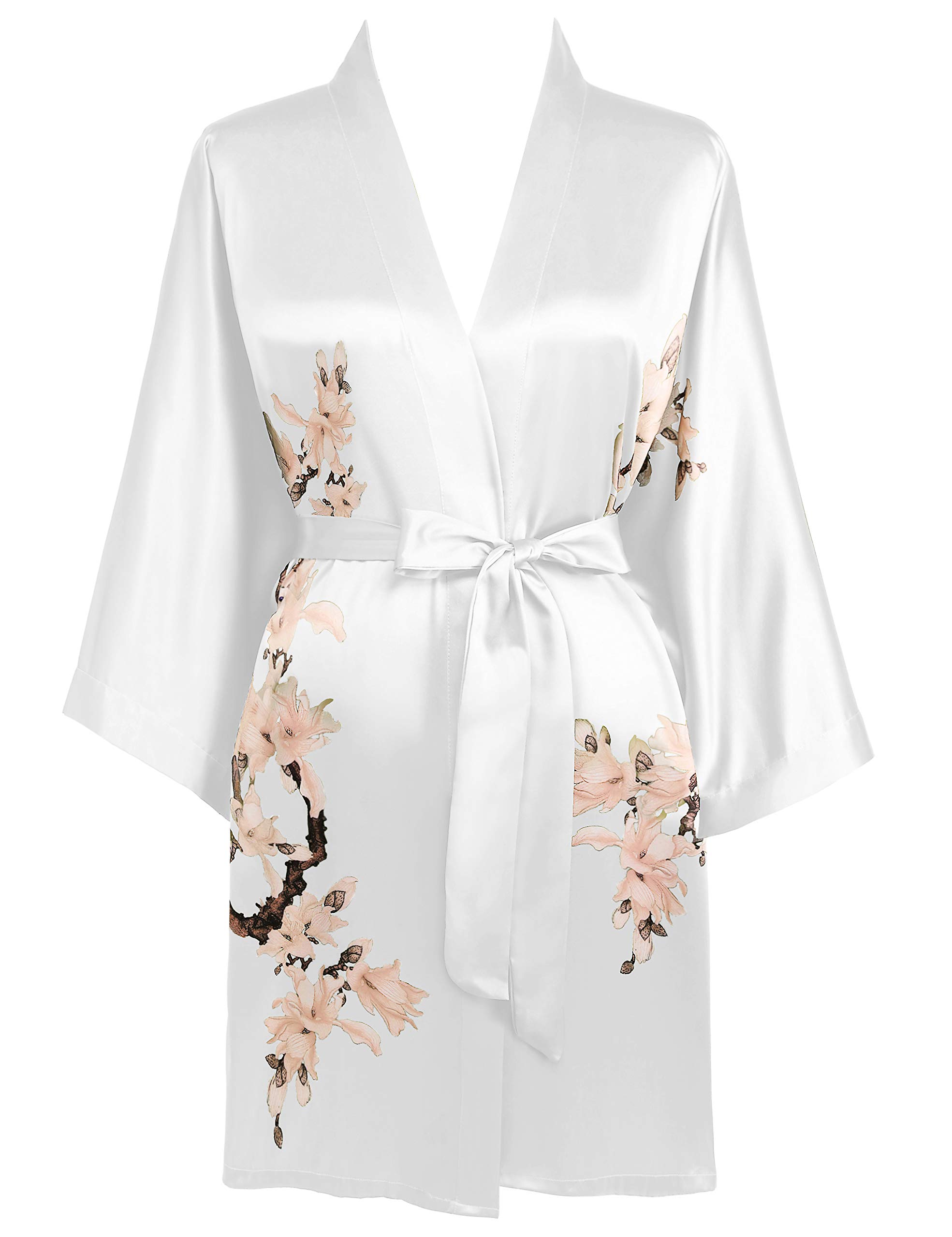 BABEYOND Bata tipo kimono de satén corto con estampado floral, bata larga hasta la rodilla, vestido tipo kimono para mujer, boda, fiesta