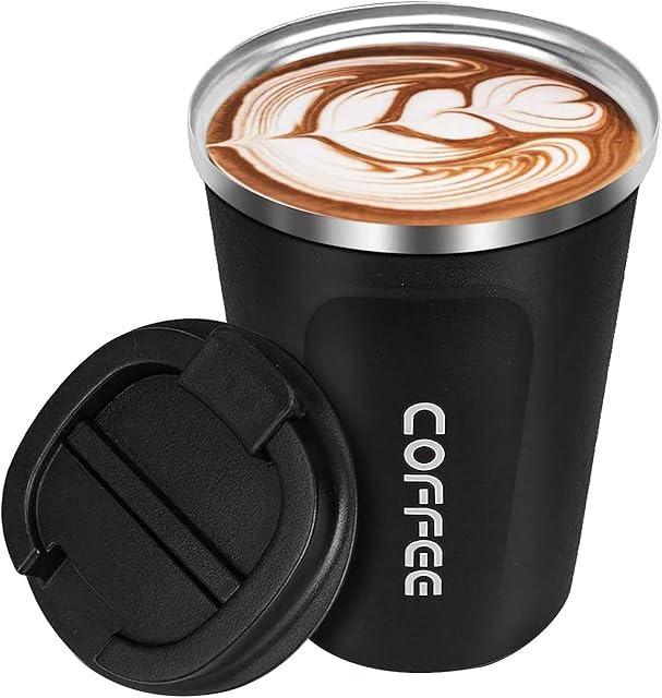 Insulated Coffee Cup, Senelux Double Walled Insulated Stainless Vacuum Coffee Travel Mug with Leakproof Flip Lid Keep Coffee Tea Hot and Soft Drink Cold 13oz 380ml Black