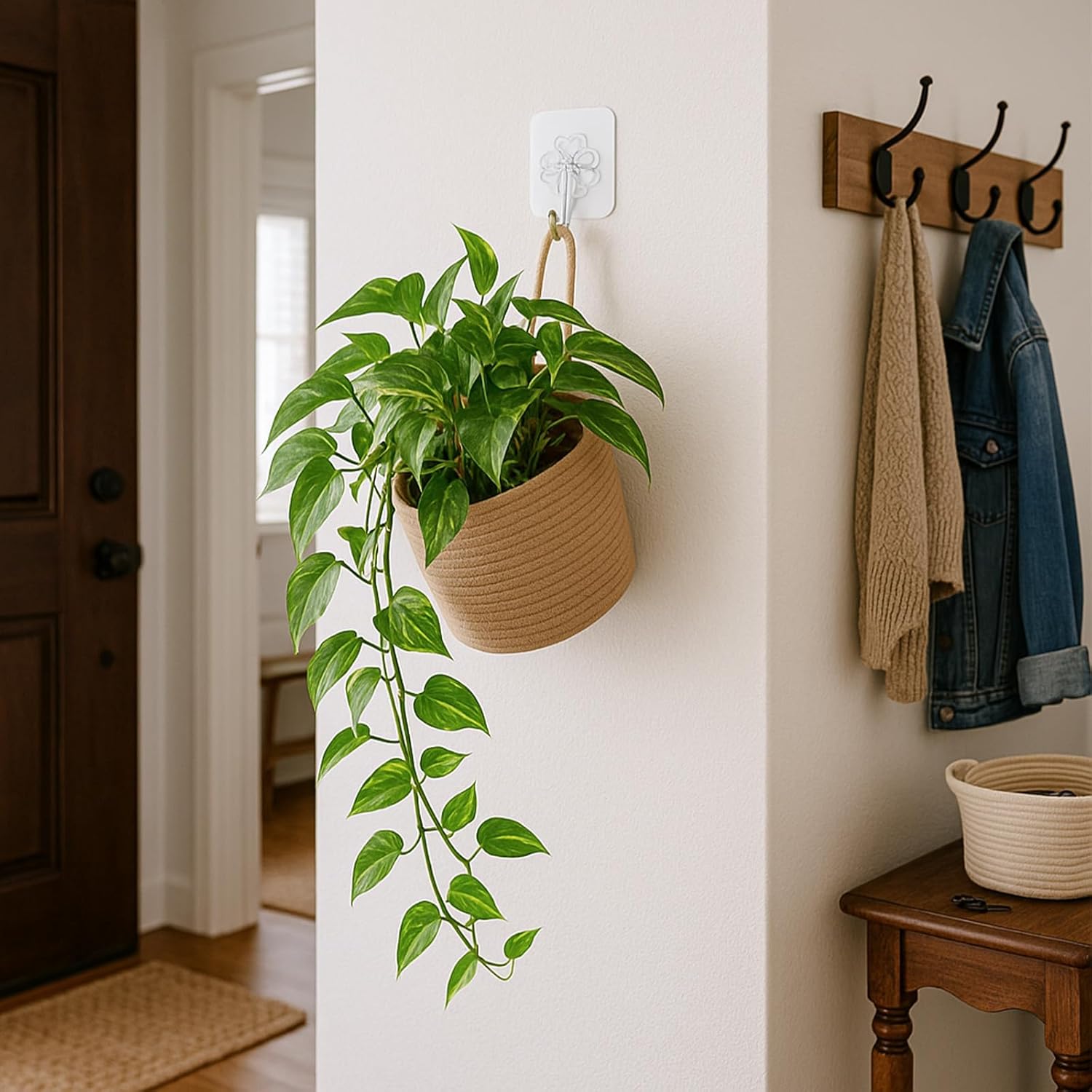 ShellKingdom Hanging Baskets, 3Pack Woven Wall Mounted Storage Basket with 3 Pcs Hooks, Boho Pouchs Bag Organizers for Home Office Living Room Bathroom Door Wall Decoration Caddy Bins (Jute) - Image 2