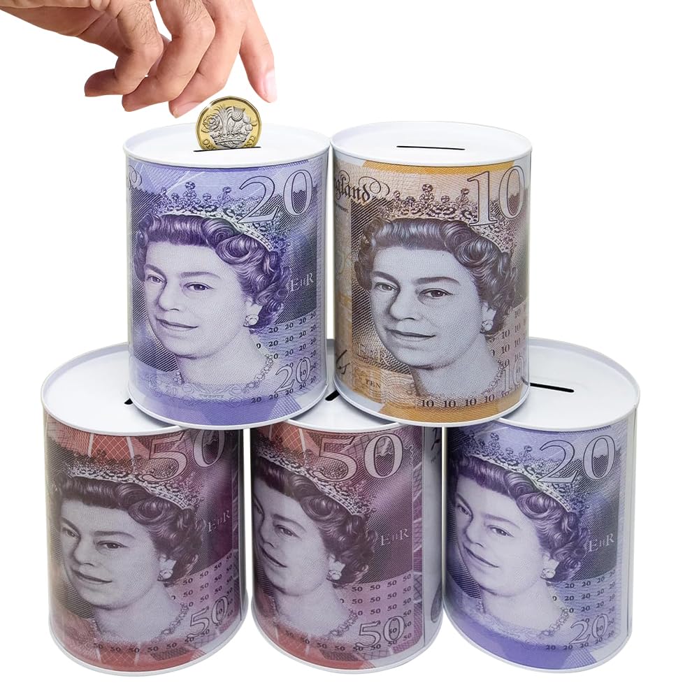 Bargains-Galore Multicolor Set Of 5 Pound Note Design Money Tin - Piggy Bank Box Savings Coins Cash Change | Sterling Money Pot Tinplate Saving Money Box | £5 £10 £50 £20 Size 15Cm X 10Cm
