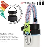 Vista 2 de Asa de cuerda de paracaídas para botellas Hydroflask 2.0 de boca ancha y estándar, con nuevo soporte de anillo de seguridad, 12oz - 64oz