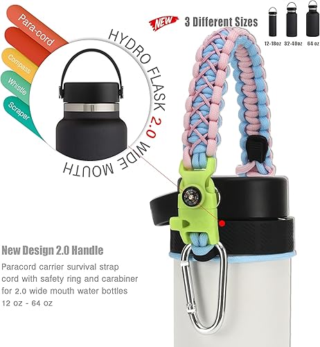 Miniatura 2 de Asa de cuerda de paracaídas para botella Hydro Flask 2.0 de boca ancha estándar con anillo y mosquetón (12, 16, 18, 20, 32, 40 y 64 onzas)