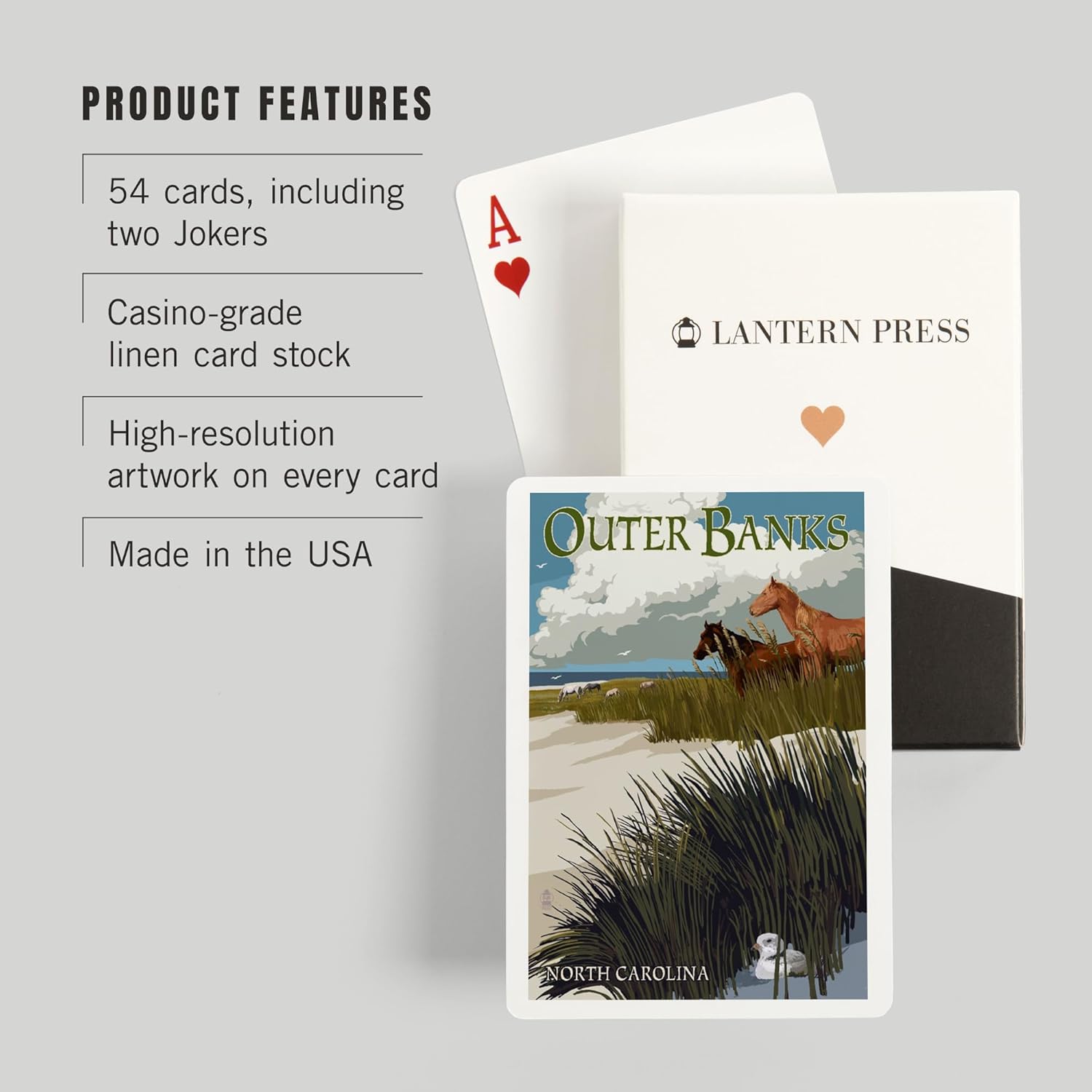 Lantern Press Outer Banks, North Carolina, Horses and Dunes, 52 Playing Cards for Adults, Poker Size Card Deck