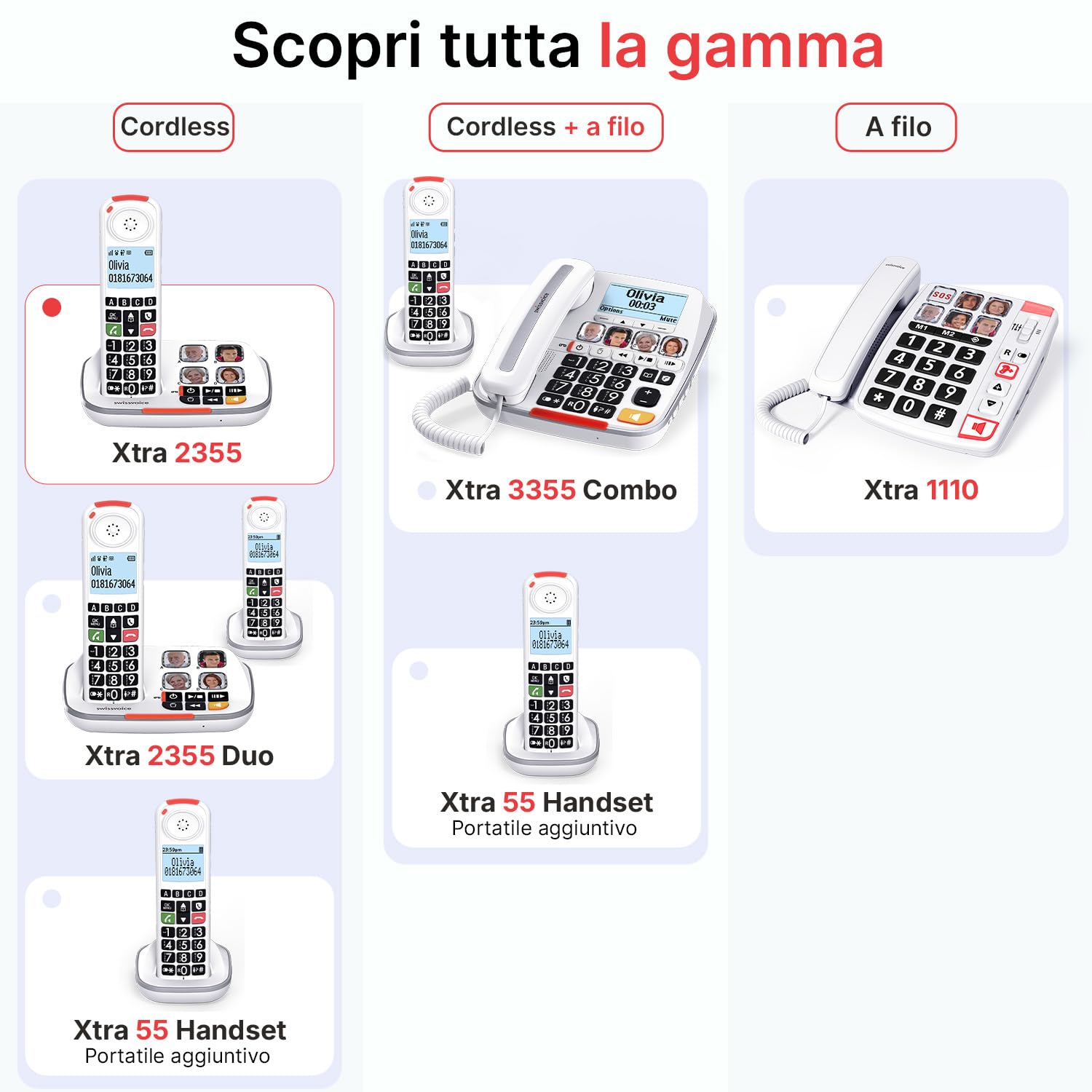 SWISSVOICE - Xtra 2355 - DECT - Telefono fisso cordless per anziani con segreteria - Tasti grandi - Audio Boost - Suonerie forti - Compatibile con apparecchi acustici - Blocco chiamate
