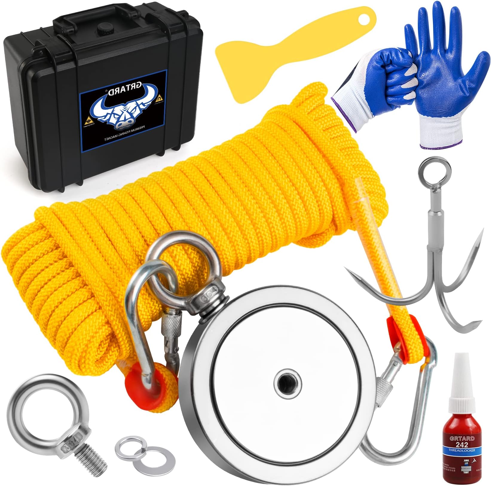 Grtard Fishing Magnet Kit - 2625 LBS Pulling Force, Double Sided Magnet with Case, Heavy Duty Retrieval in River, Beach - 4.57 inches Diameter