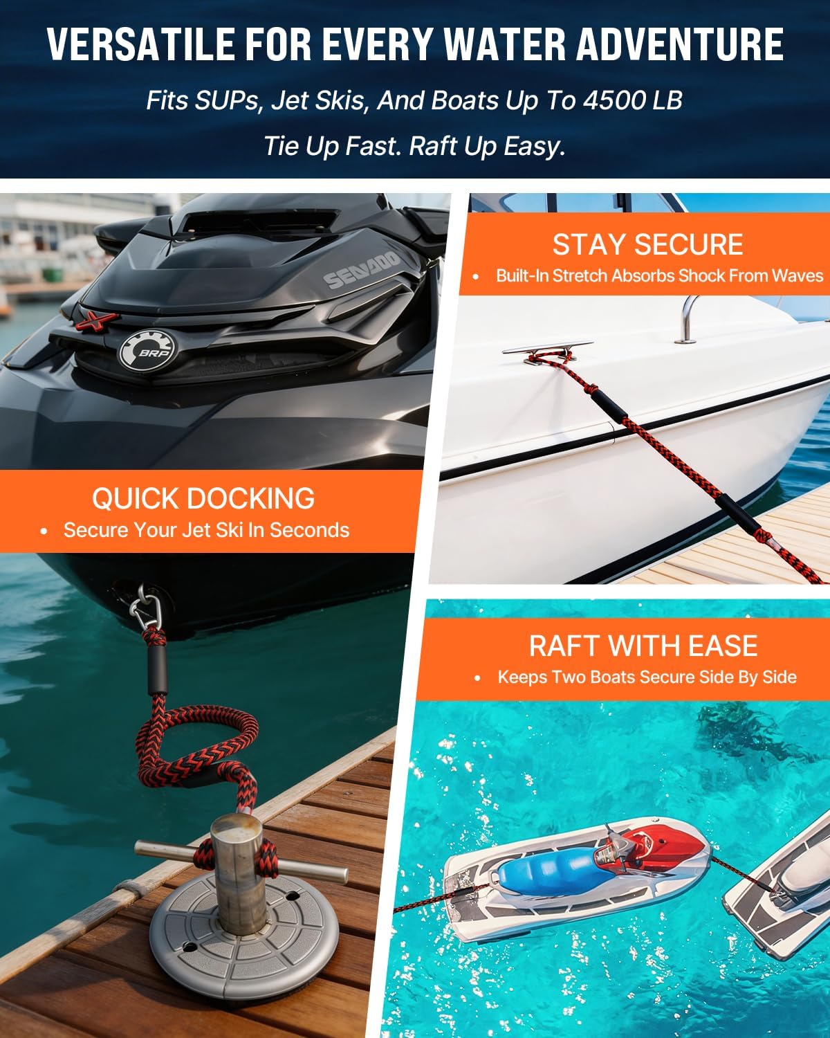 Boat Accessories 4.5 Feet Bungee Dock Lines with 30cm Extended Loop and 316 Stainless Steel Clip 2-Pack for Docking for Boats PWC,Kayak,Watercraft,SeaDoo,Jet Ski, Pontoon, Canoe, Power Boat(Red+Black)