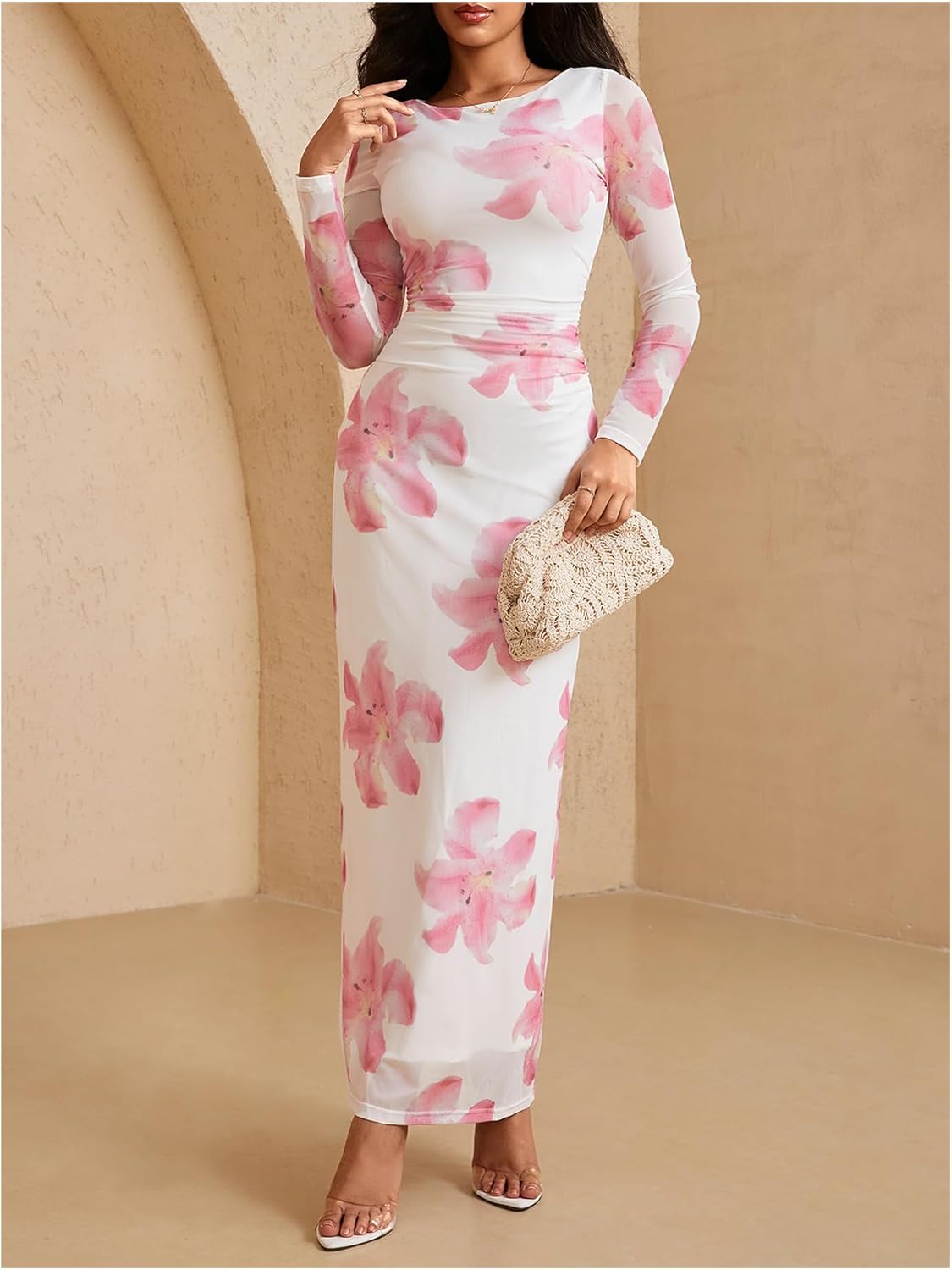 Milumia Women's Floral Print Sheer Dress Crew Neck Long Sleeve Bodycon Maxi Dresses - Image 4