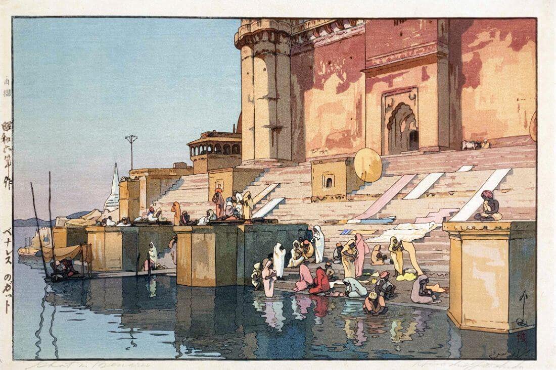 Tallenge - Ghat In Benaras - Yoshida Hiroshi - Small Poster(Paper,12x17 inches, MultiColour)